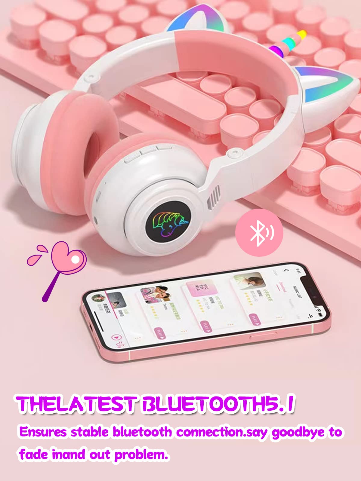 Unicorn Bluetooth Kids Headphones, Foldable Wireless, Volume Limit, White