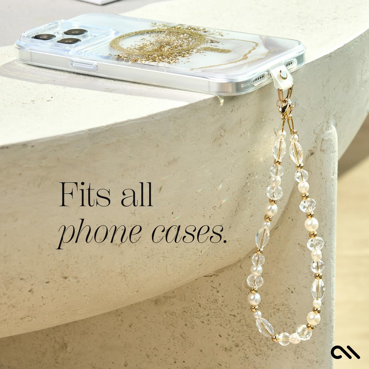 Case-Mate Phone Charm Wrist Strap w/Pearls & Crystals - Crystal Pearl Gold