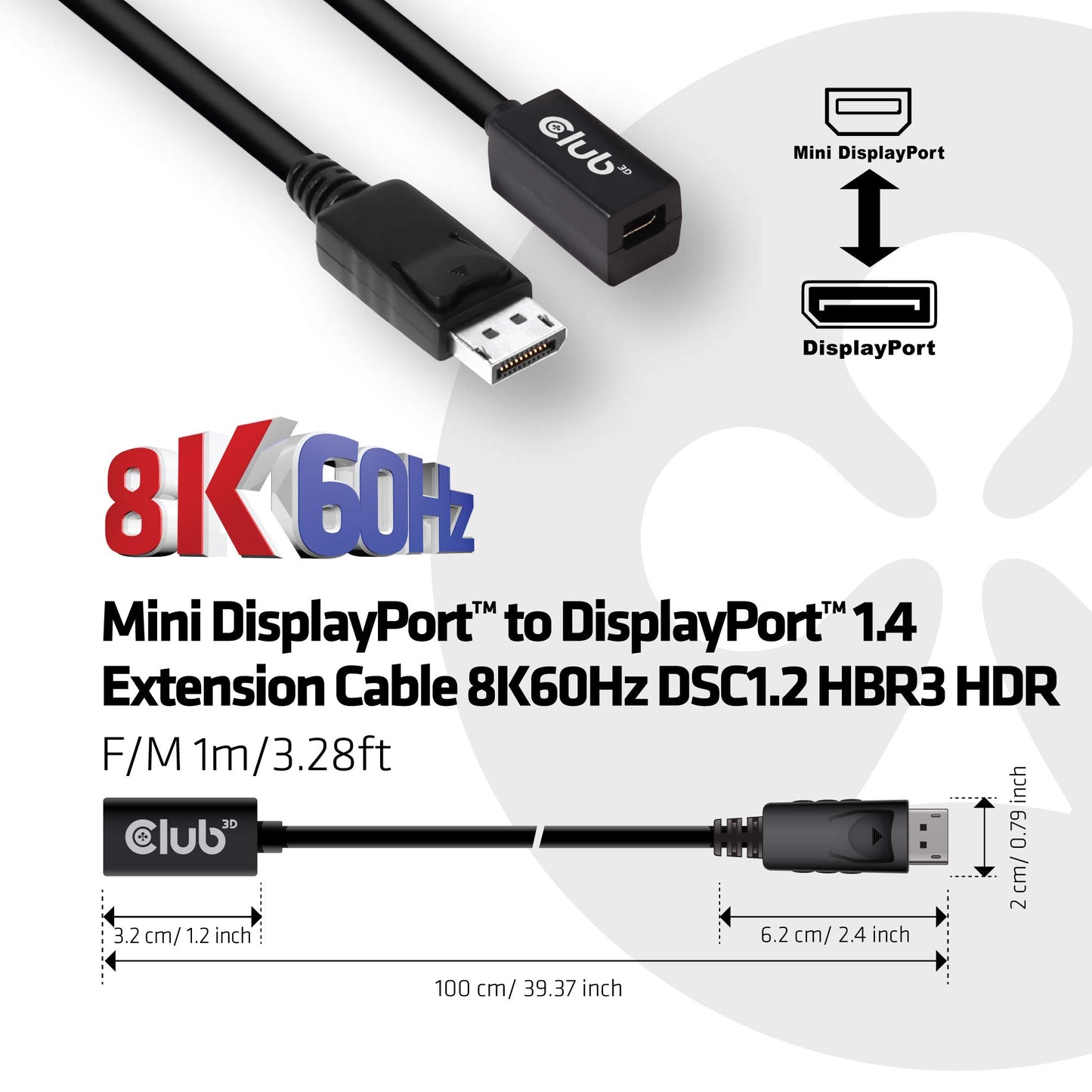 Club 3D CAC-1120 Mini DisplayPort to DisplayPort Bi-Directional 1.4/Hbr3 F/M Cable DP 1.4 8K 60Hz 1m - 3.28Ft