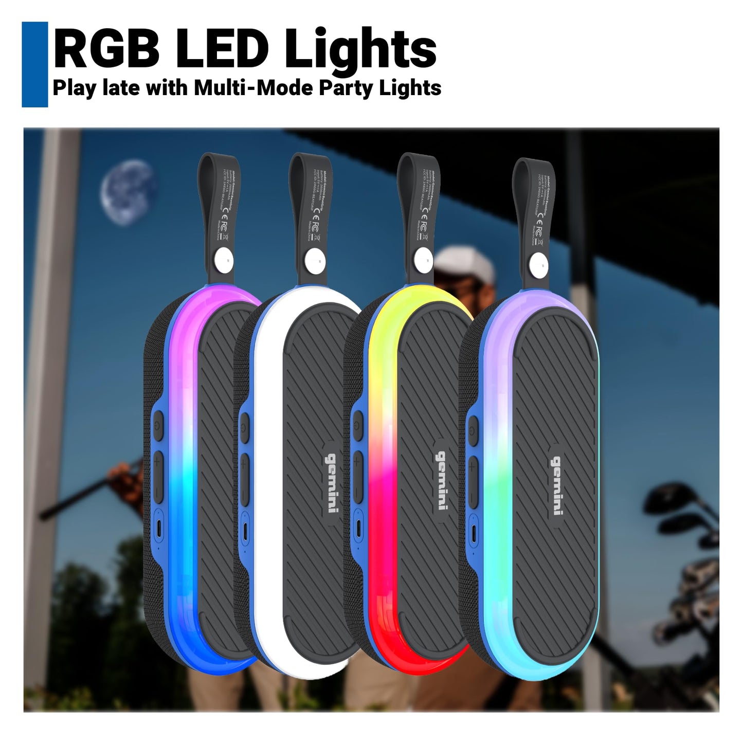 Gemini Magnetic Bluetooth Speaker for Golf Cart - Portable Wireless, Strong Magnet Mount, 12H Battery, IPX6 Waterproof, LED/RGB Party Light, USB-C