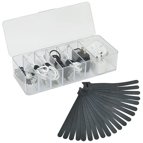 Electronics Organizer 7 Sections Clear Acrylic Cable Storage Bin Box Cord Holder with 20 PCS Reusable Fastening Fabric Cable Ties Straps Cord Wraps (7