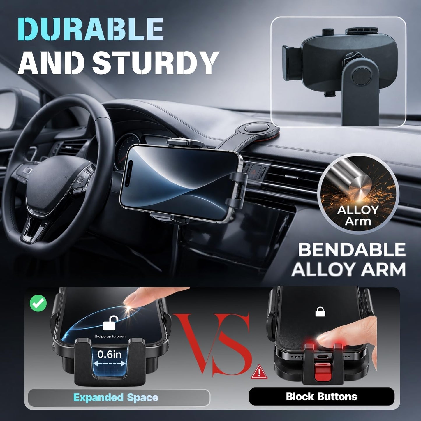 YUHENG Car Phone Holder for Dashboard, Bendable Aluminum Arm Phone Mount with One-Button Release Clamp, Dual 360° Adjustable Anti-Shake Holder