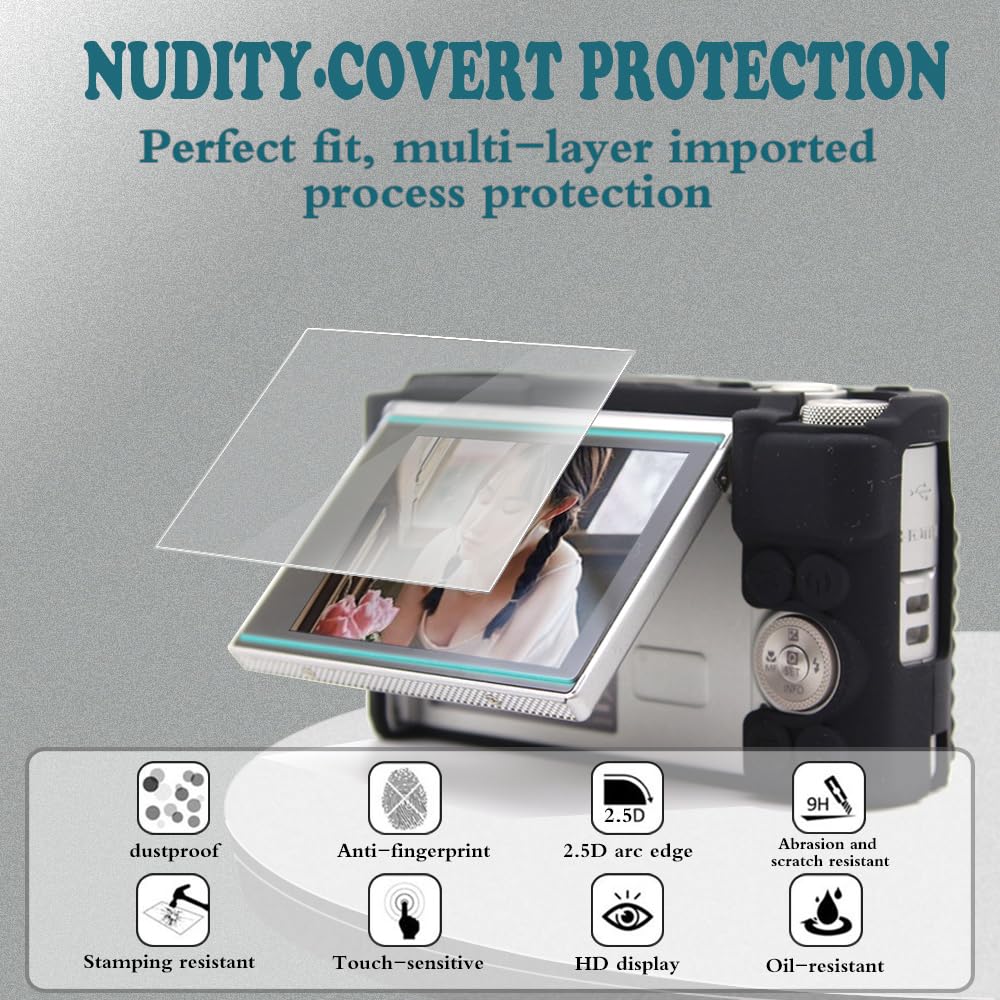 HUADU Screen Protector (2+1Pack) Compatible for Kinokoo SX730/ SX740,Tempered Glass Film Anti-Scratch High Definition and Soft Silicone Case for Canon