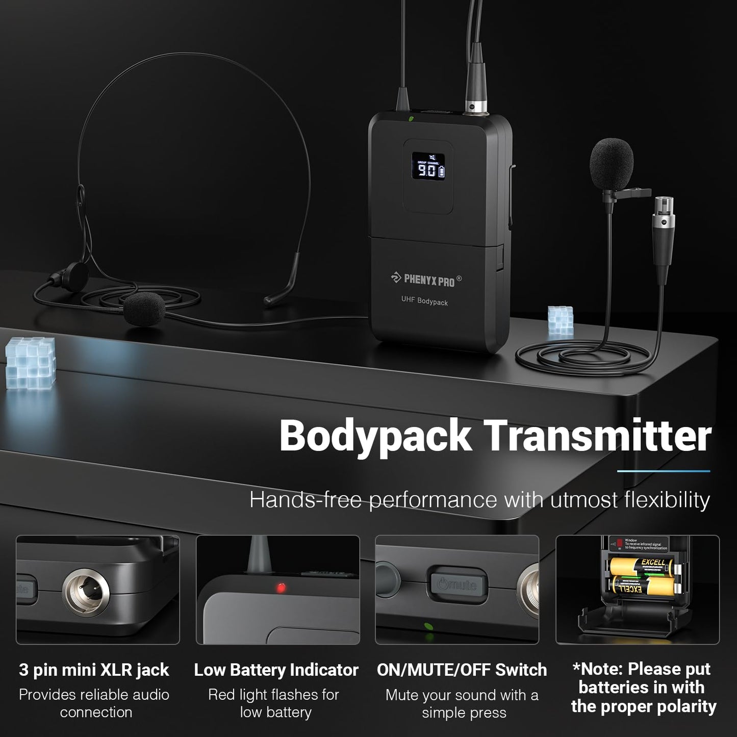 Phenyx Pro Dual UHF Wireless Microphone System?Auto-Scan Cordless Mic Set w/ 2x100 Frequencies, 2 Bodypacks & Headsets/Lapel Microphones for Speaking