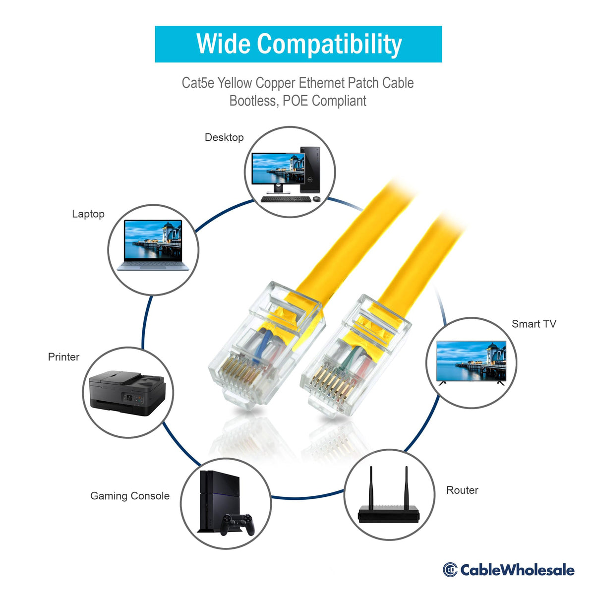 CableWholesale Cat5e UTP Ethernet Cable, Bootless, PoE, 100 ft, Yellow