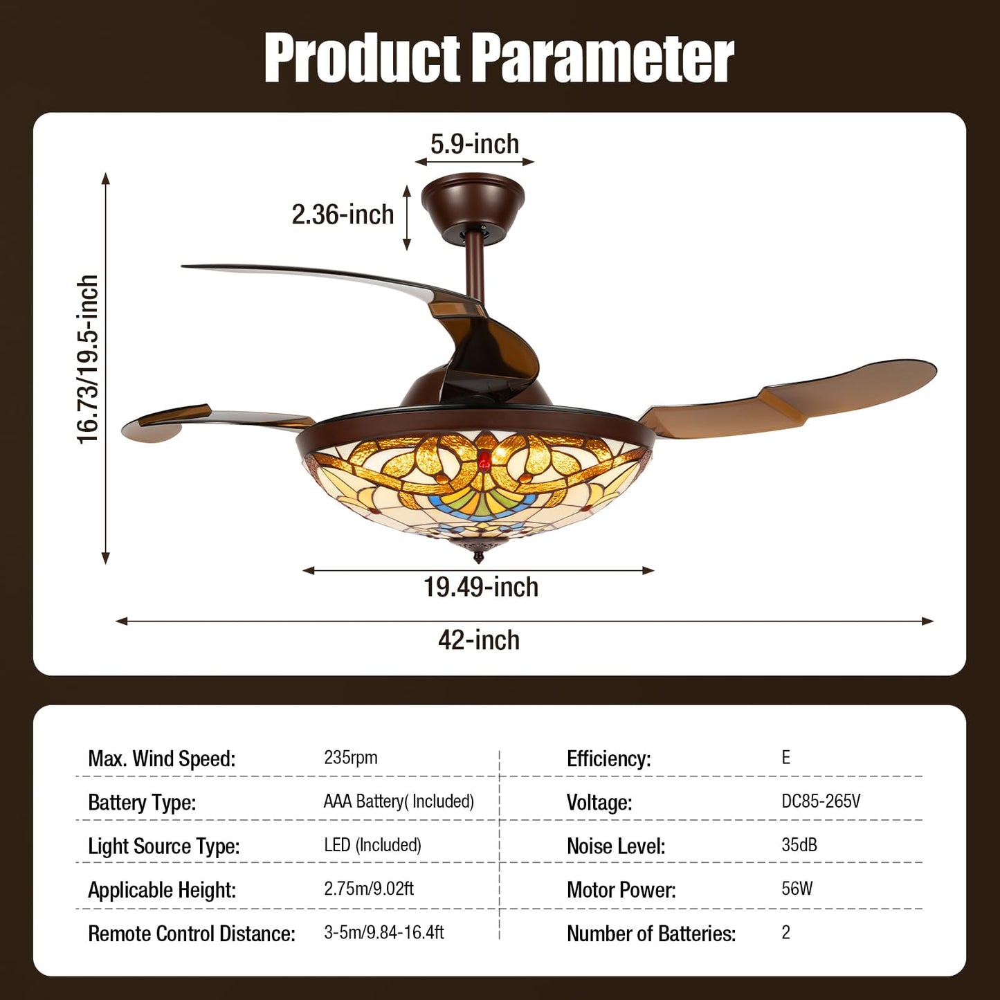 42" Retractable Ceiling Fan with Light, Invisible Blades Fandelier w/ Remot