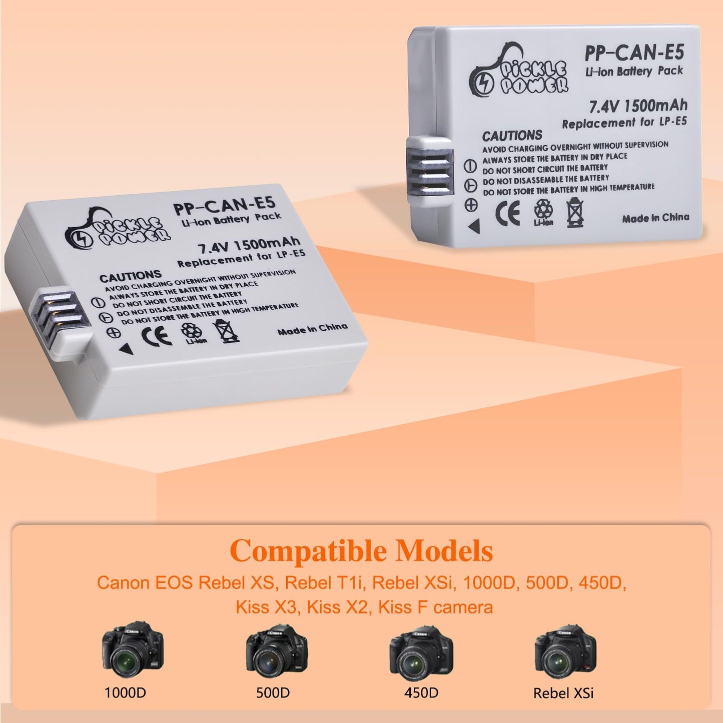 Pickle Power LP-E5 Battery 2 Pack and LED Dual Charger Compatible with Canon EOS Rebel XSi, Rebel T1i, Rebel XS, 1000D, 500D, 450D, Kiss X3, Kiss X2