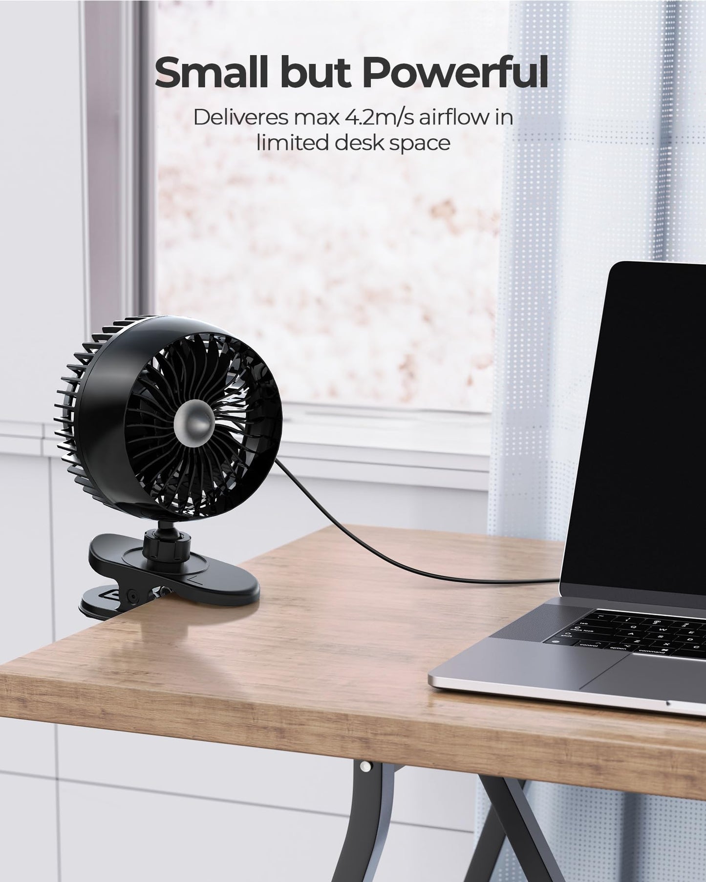 Koonie USB Clip on Fan, Strong Wind Ultra Quiet Small Desk Fan with Strong Clamp, More Than 360° Adjustable, 3 Speeds USB-C Corded Powered, Mini