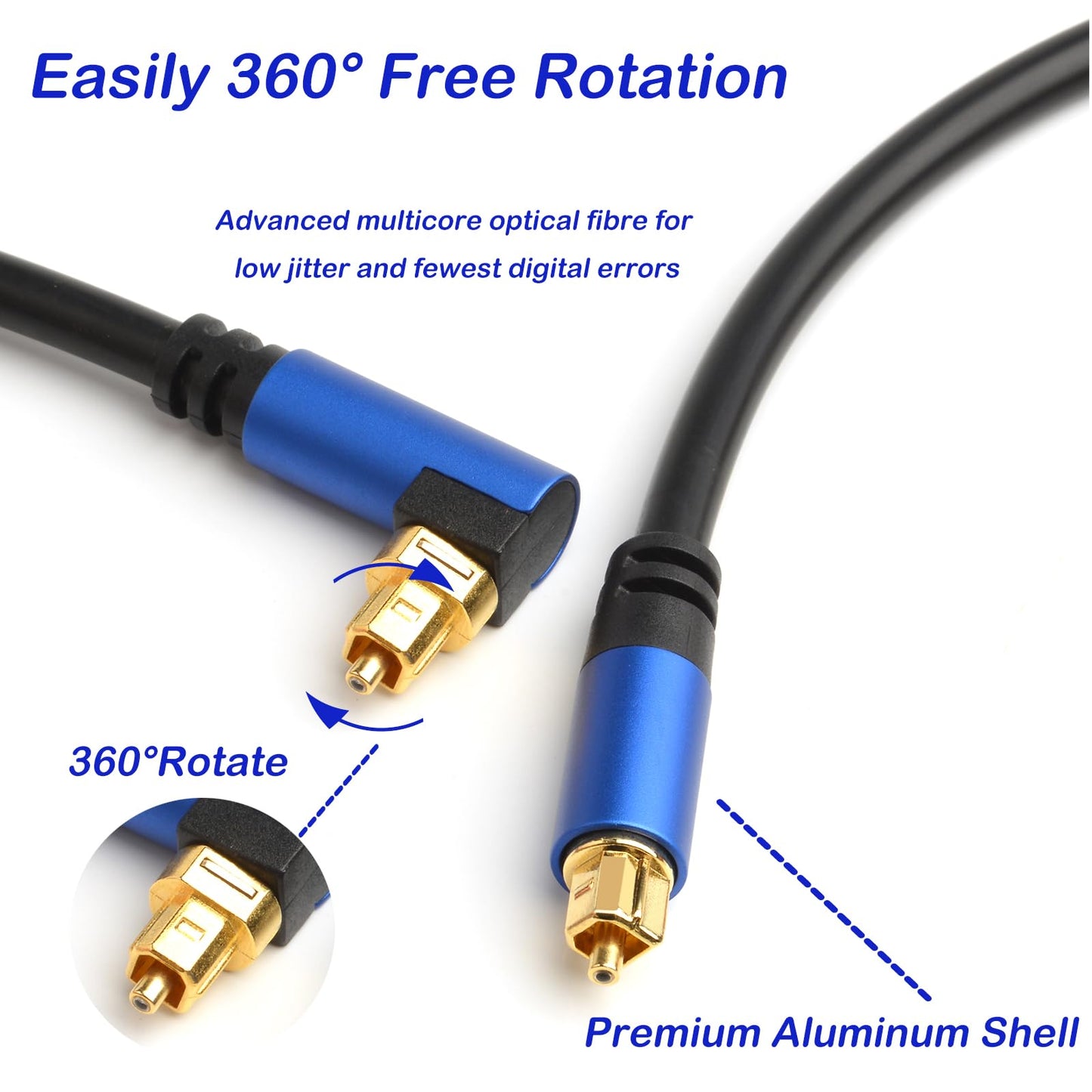 90 Degree 360 Degree Free-Rotating Plug Toslink Cable Digital Fiber Optic Audio Cable for TV, Home Theater, Projector, Stereo System, Active Speaker