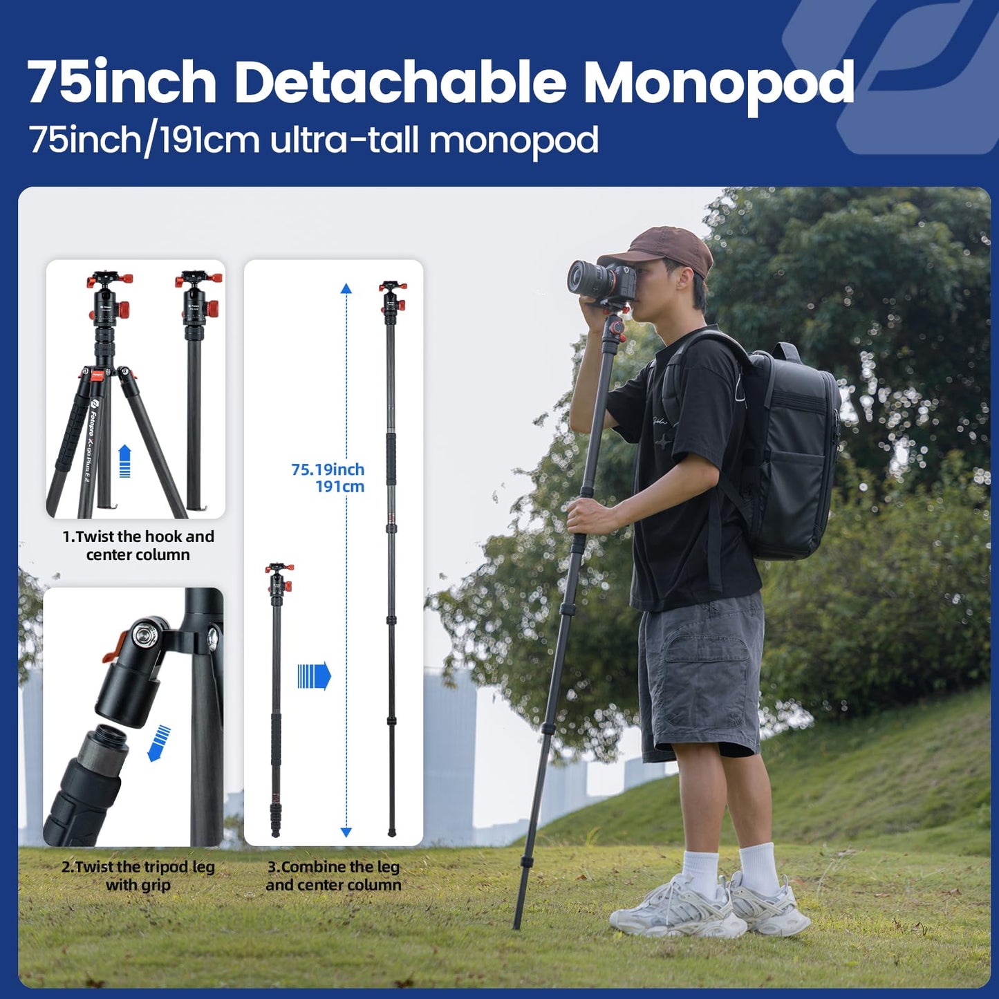 Fotopro 73" Carbon Fiber Tripod for Camera Compact Travel Tripod with Ball Head Detachable Monopod with Quick Release Plate and Camera Bag Load up