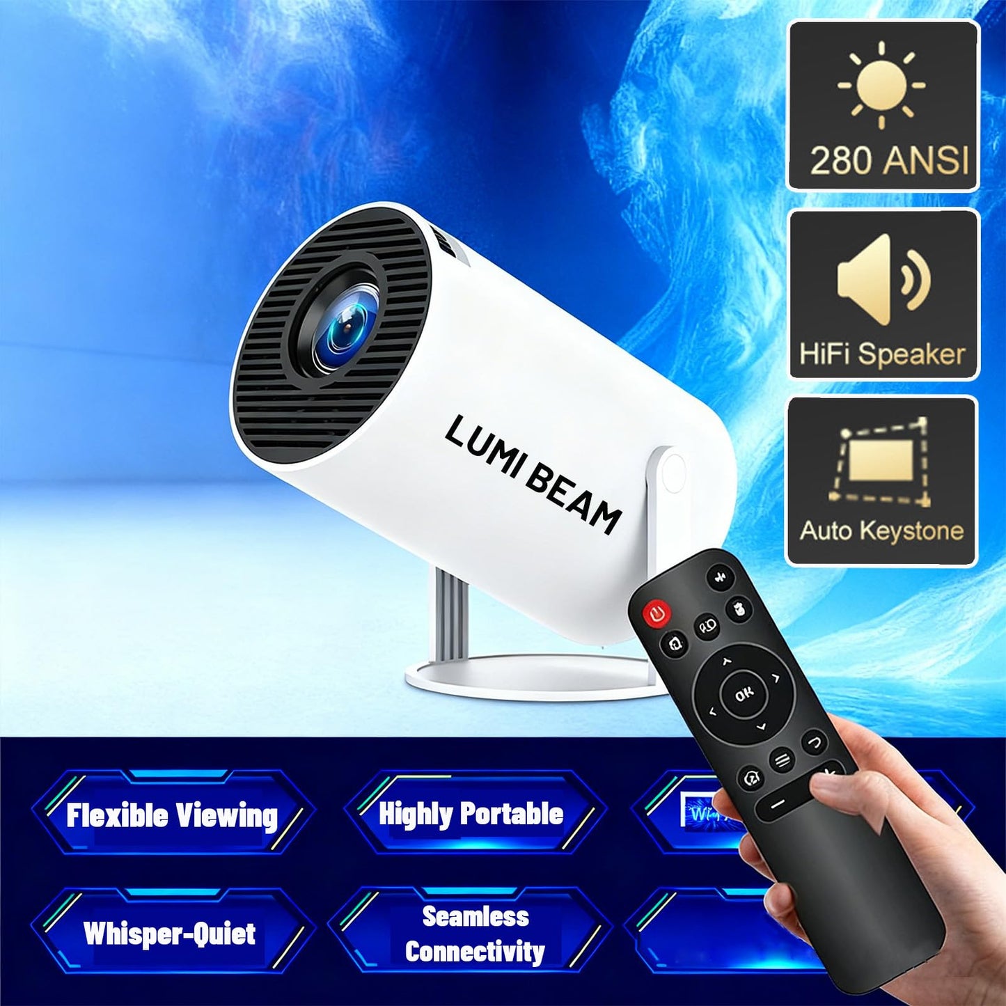 Lumi Beam Projector, Lumi Beam Portable Projector, Mini Wall Movie Projector for Bedroom, Pocket-Sized 180° Rotation, Auto Keystone, Window Scenes