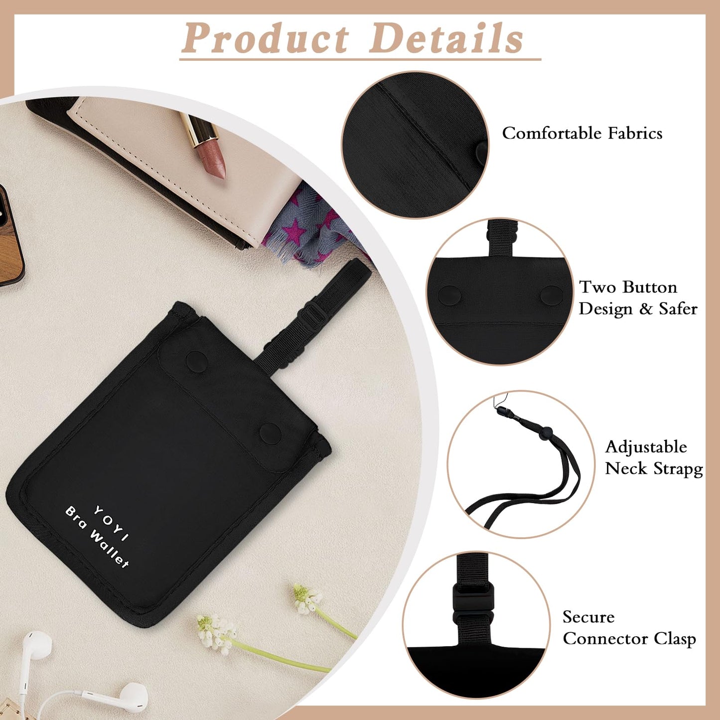 YOYI YOYI Bra Wallet – Hidden Money Pouch with RFID Fabric, Secret Stash Pocket & Neck Strap for Secure Cash, Cards & Valuables