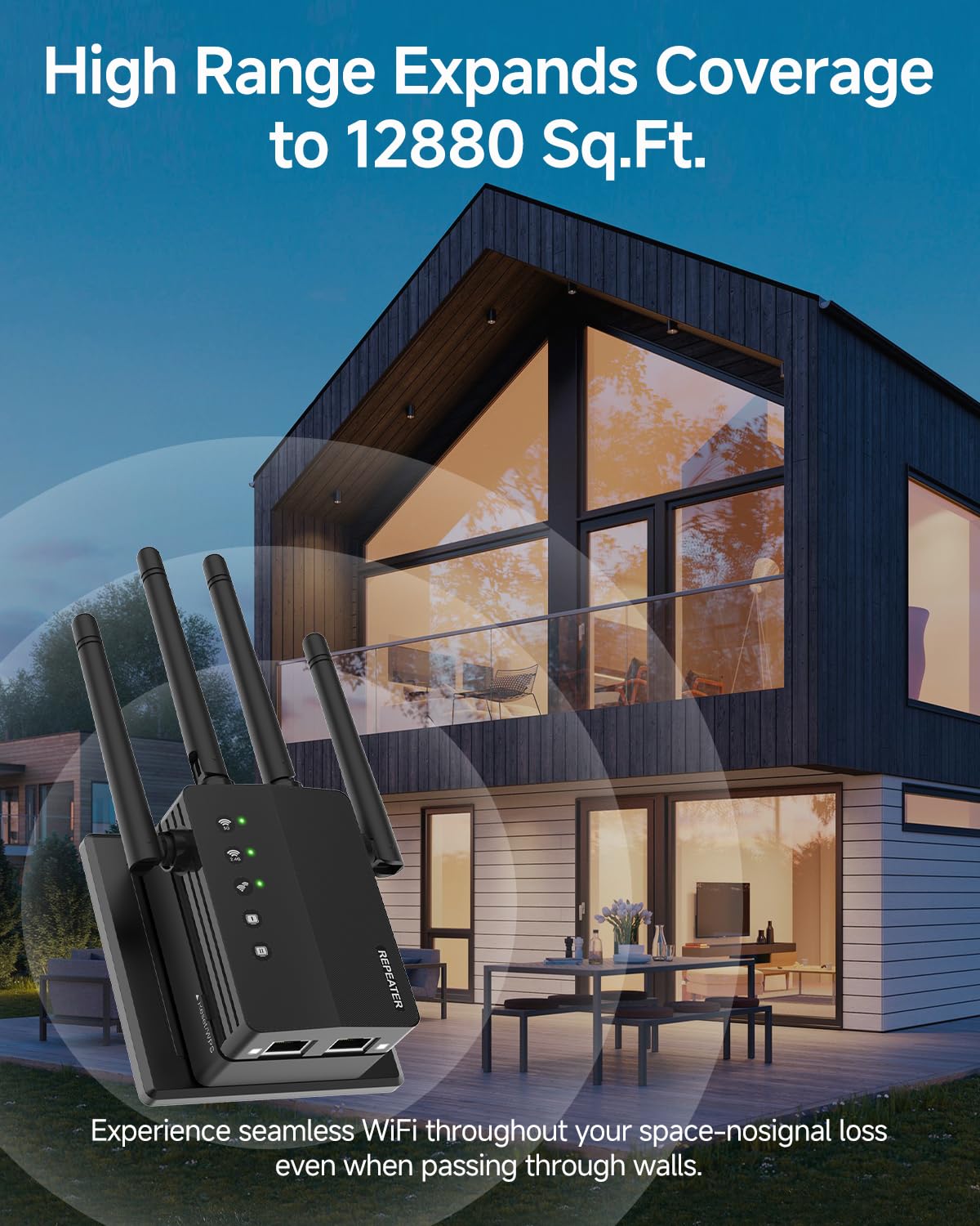 WiFi Extender, 1200Mbps Dual Band 2.4/5GHz WiFi Extender Signal Booster - 12880 Sq Ft Coverage, Easy Setup, Supports 105 Devices, 1-Tap Setup