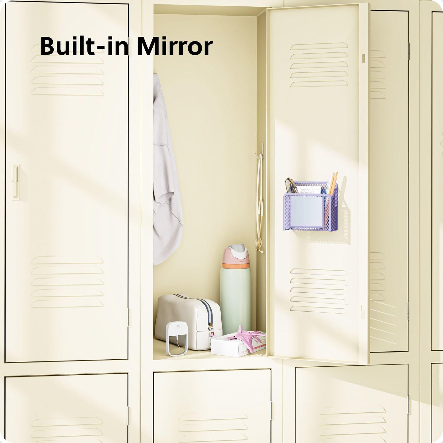 U Brands Lavender Purple Magnetic Locker Cup with Mirror, Locker Mirror with Pencil Holder, Magnetic Organizer for School Lockers, 5" x 2.4" x 4.75"