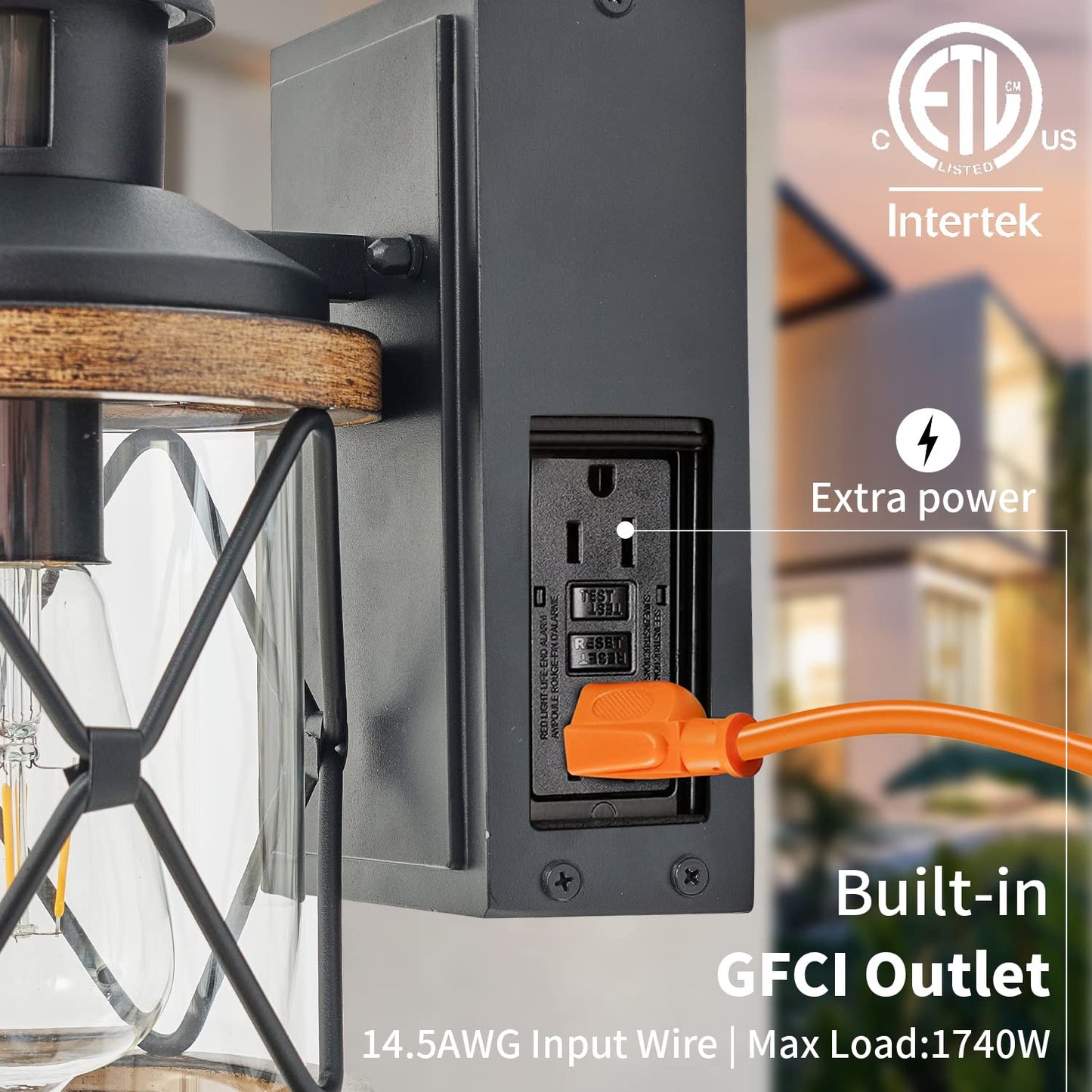 Dusk to Dawn Motion Sensor Outdoor Porch Light with GFCI Outlet,3 Lighting Modes Anti-Rust Waterproof Industrial Outdoor Lantern,Exterior Work lights