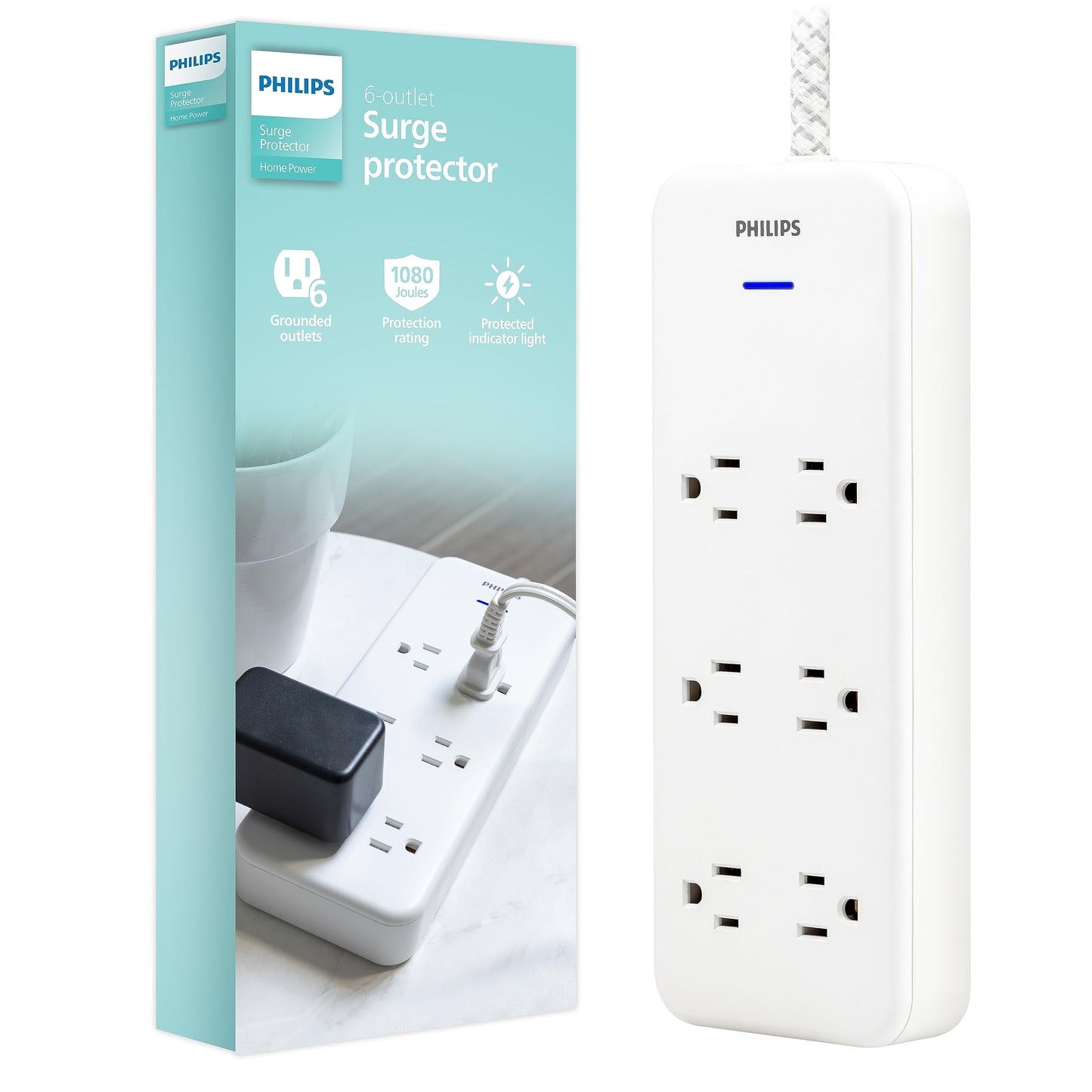 Philips 6-Outlet Surge Protector with Multiple Outlets, 8 Ft, Braided Cord,1080 Joules, Adapter-Spaced, White, SPC6066WB/37
