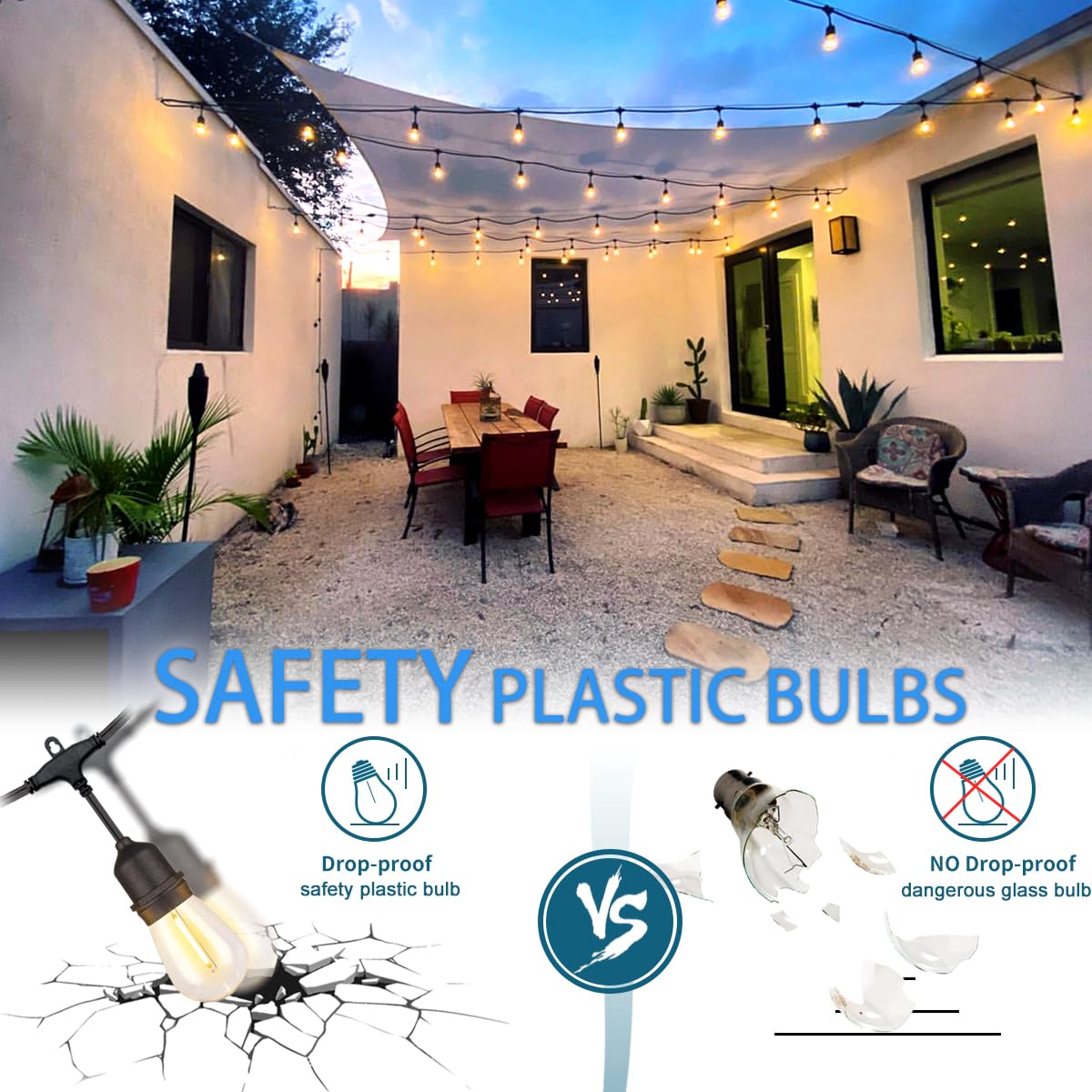 FOEERS 24 Feet Outdoor String Lights | IP65 Waterproof with 13 Shatterproof LED Bulbs | Warm White Patio Lights for Garden, Cafe & Wedding - 5-Minute