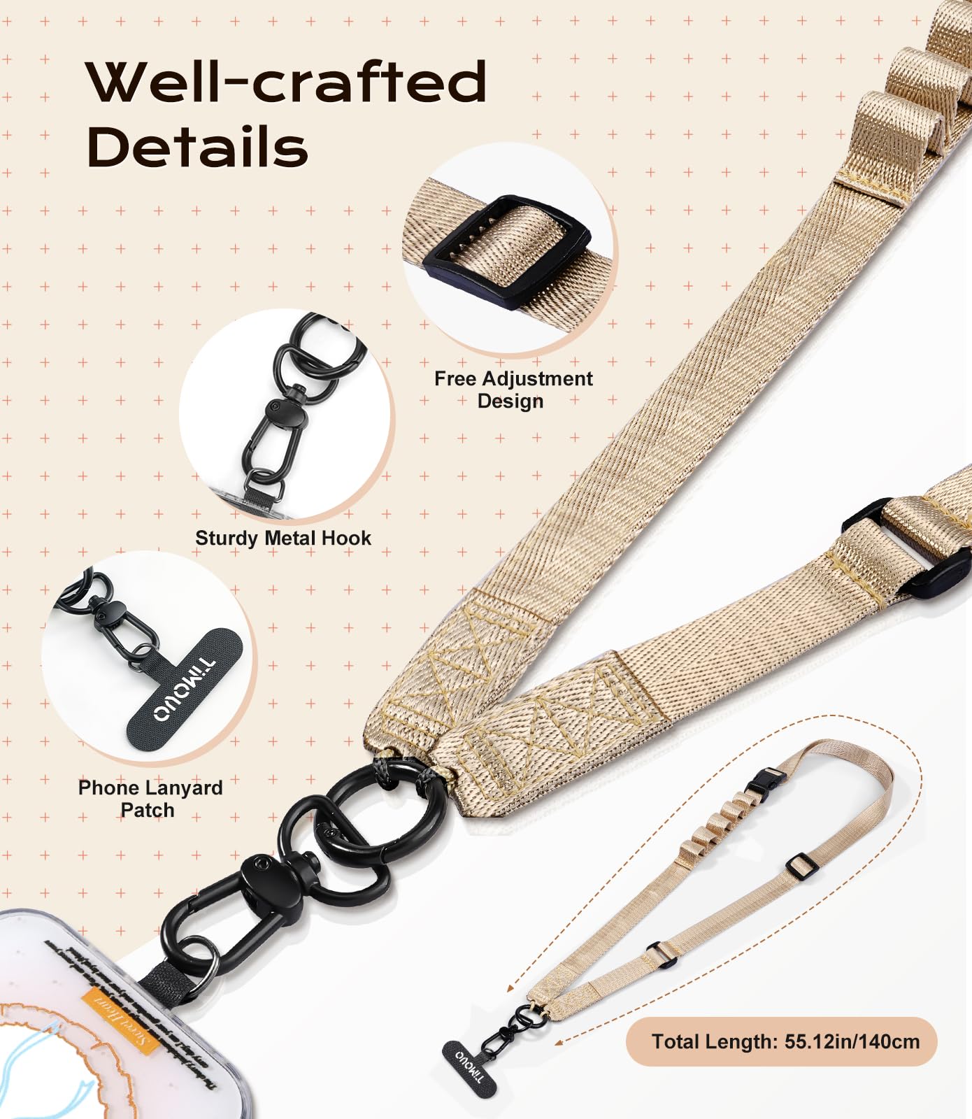 TiMOVO Phone Lanyard Crossbody, Adjustable Anti Theft Strap for Travel, Khaki
