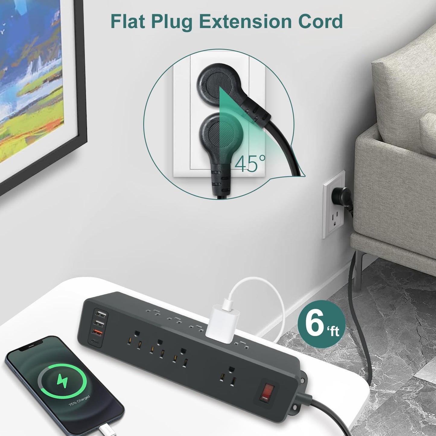 9 Outlets Wall Mount Power Strip with USB C HdcTek Double Side Outlet Extender Fast Charge USB-A Ports & 1 PD USB-C Port Flat Plug Mountable Desk