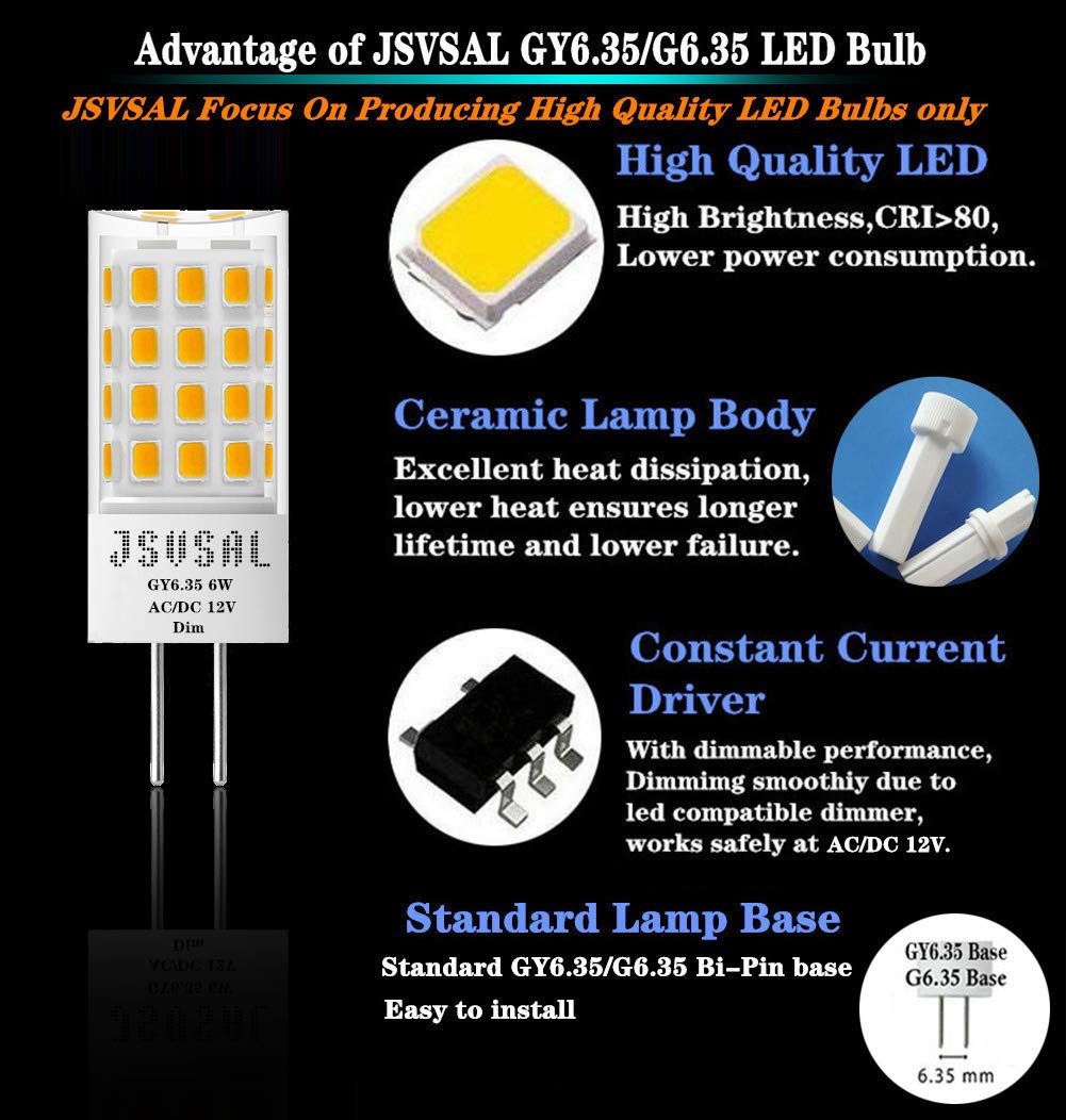JSVSAL GY6.35 G6.35 LED Bulb Dimmable,AC/DC 12V, Soft White 3000K,4-Pack