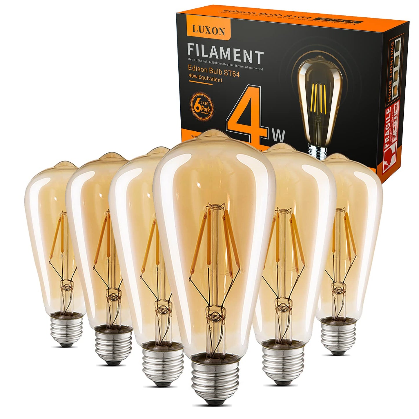 LUXON LED Edison Bulbs,Dimmable,ST64 Amber Glass,Vintage 4W E26 Warm,6-Pack