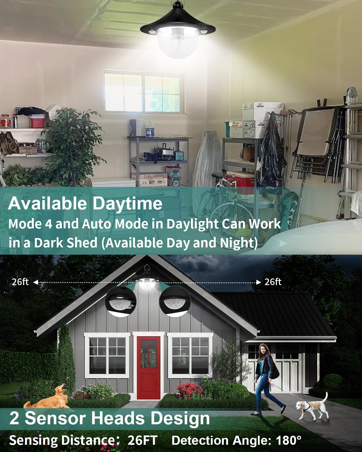 AEQ Solar Shed Light Outdoor Indoor 3000LM Solar Lights Daytime Available with Remote Control, Double Motion Sensor & 5 Lighting Modes, Solar Indoor