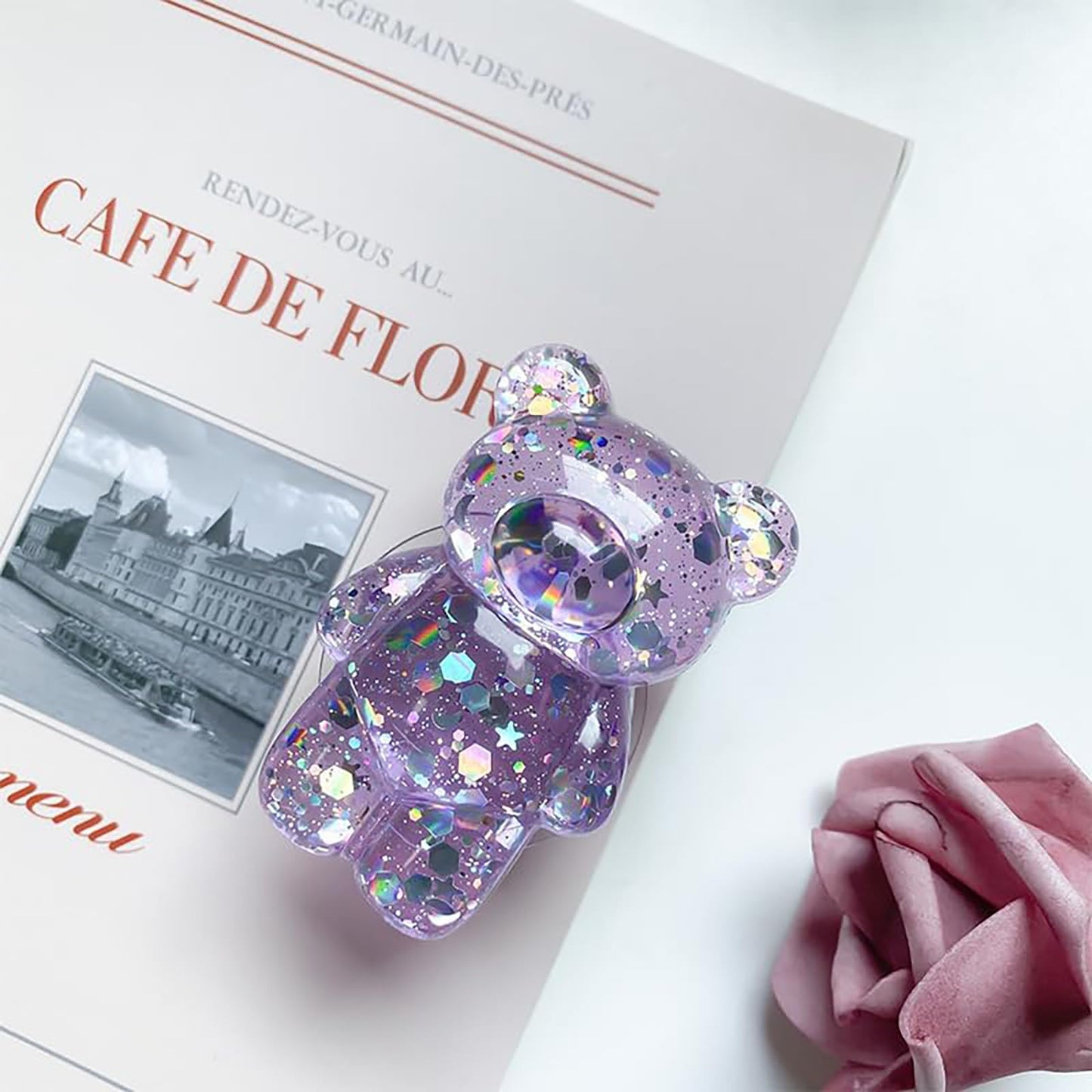 1 Pc Lilac Cute Phone Grip, Airbag Support Bear Phone Holder, Epoxy Sequins 3D Cute Bear Phone Grip Tok Folding Bracket for Mobile Phones