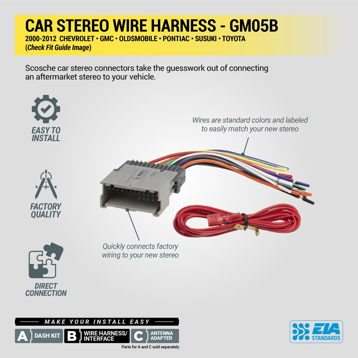 Scosche GM05B Car Radio Wiring Harness Compatible with Select 2000-2012 Non-Amplified GM, Suzuki and Toyota Vehicles - Aftermarket Stereo Wire Harness