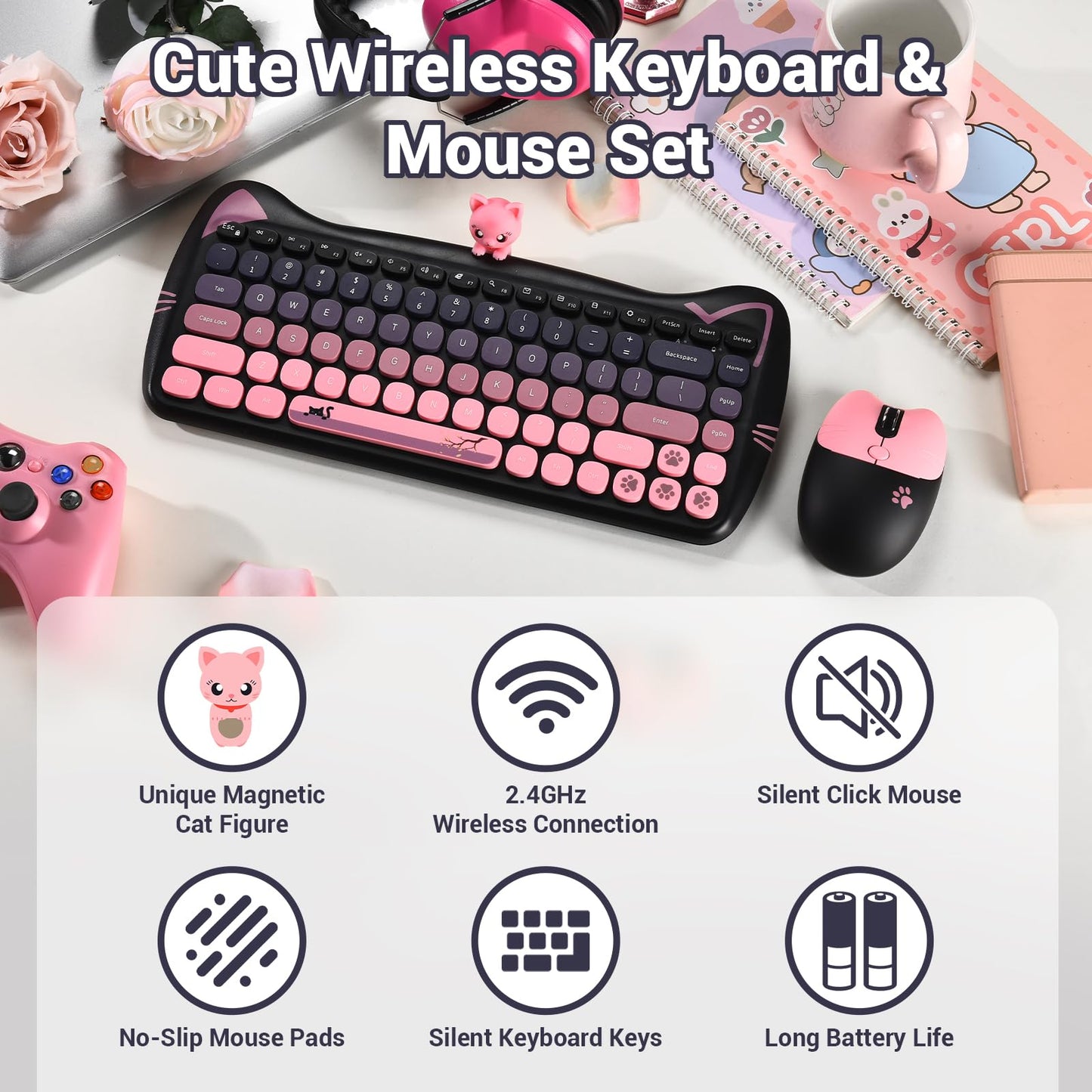 Cute Cat Keyboard and Mouse Combo with Magnetic Cat Figure - Wireless 2.4GHz, Compact Design, for Laptop & Desktop (Black-Pink Gradiant)