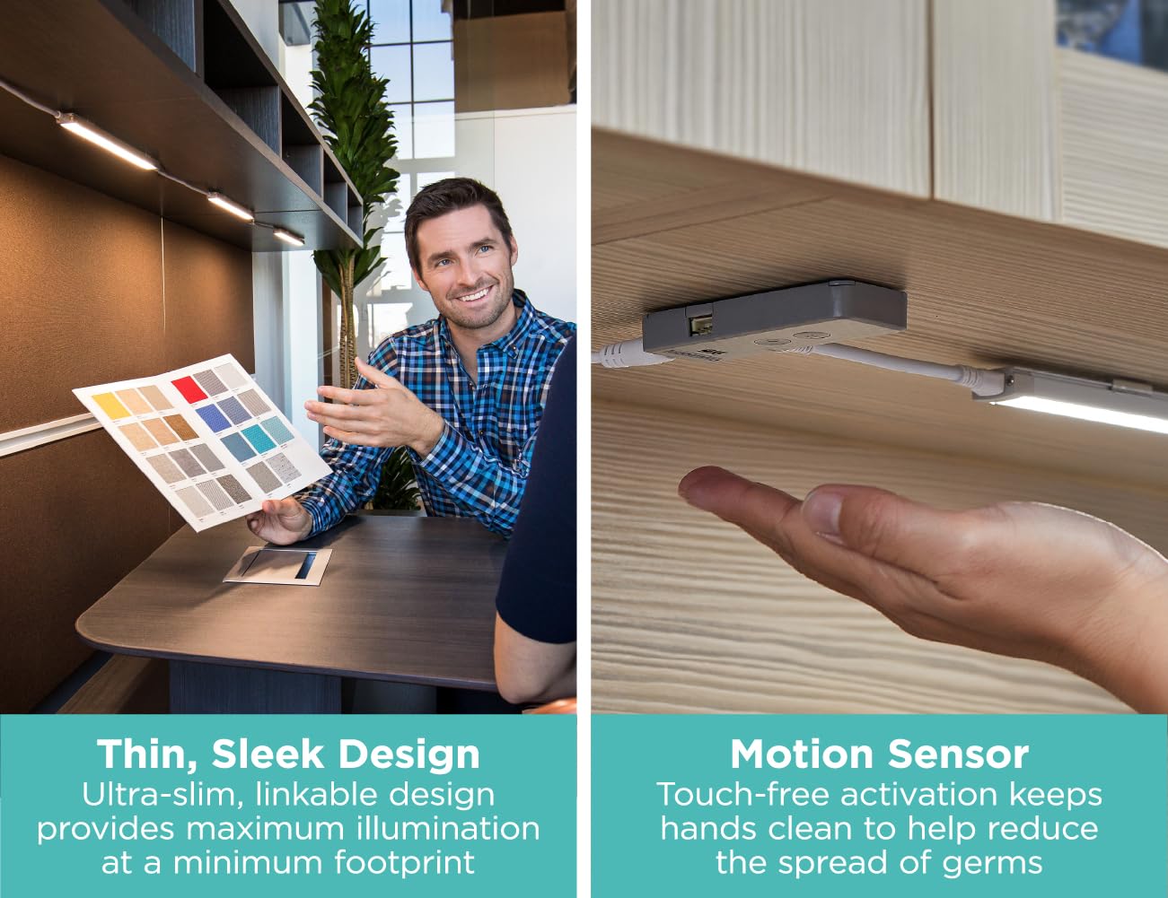 PureOptics LED Under Cabinet Lighting Kit, Motion Sensor, Dimmable, Linkable, 3 Color Settings, Tool-Free, for Kitchen, Pantry, Cabinets, Closets