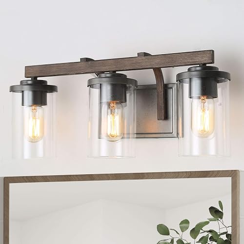 LALUZ Bathroom Vanity Light Fixtures, 3-Light Farmhouse Vanity Light with Clear Glass Shades, Faux Wood, 20’’ L x 6.3’’ W x 8.7’’ H
