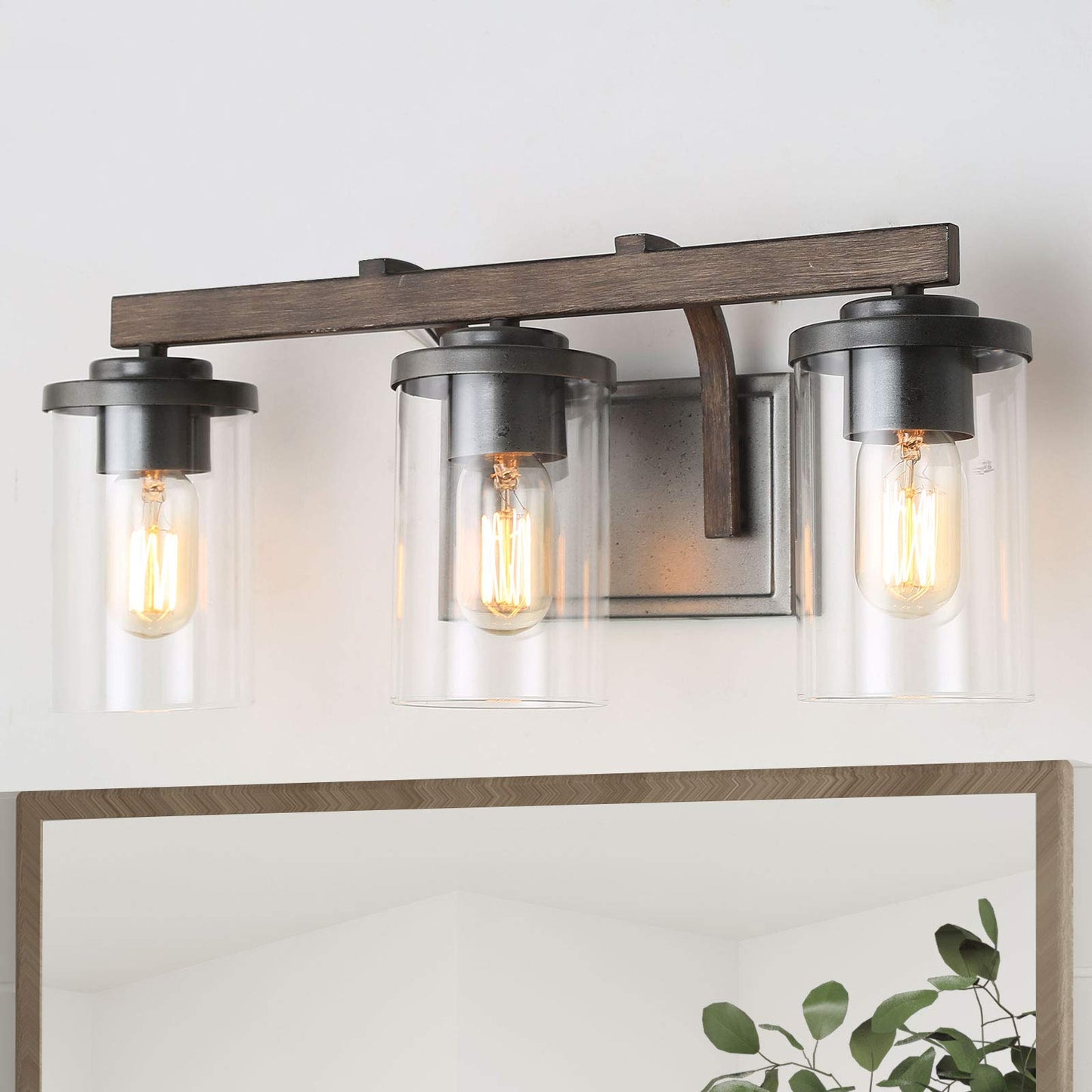 LALUZ Bathroom Vanity Light Fixtures, 3-Light Farmhouse Vanity Light with Clear Glass Shades, Faux Wood, 20’’ L x 6.3’’ W x 8.7’’ H