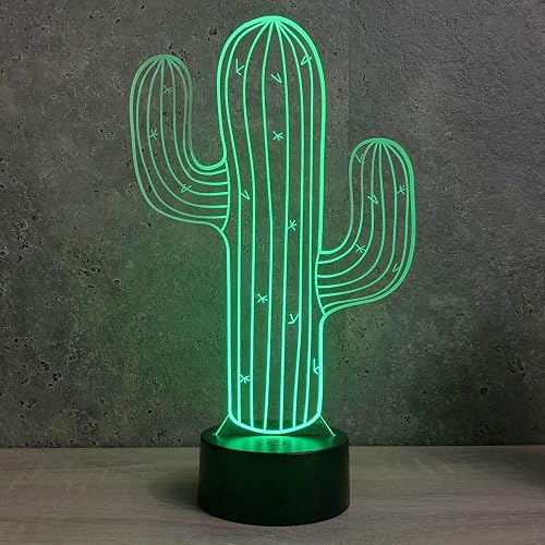 Jinnwell 3D Cactus Flower Night Light Lamp Illusion Led 7 Color Changing Touch Switch Table Desk Decoration Lamps Gift with Acrylic Flat ABS Base USB