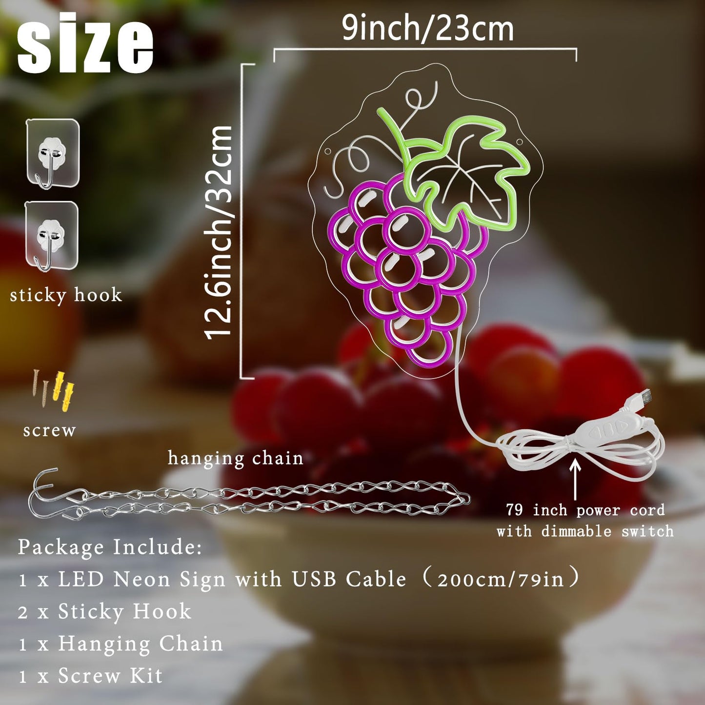 Grapes Neon Sign for Wall Decor, Dimmable Purple Grape Fruit Neon Lights, Vibrant Fruit Themed Neon LED Signs for Kids Room, Bedroom, Restaurant, Bar