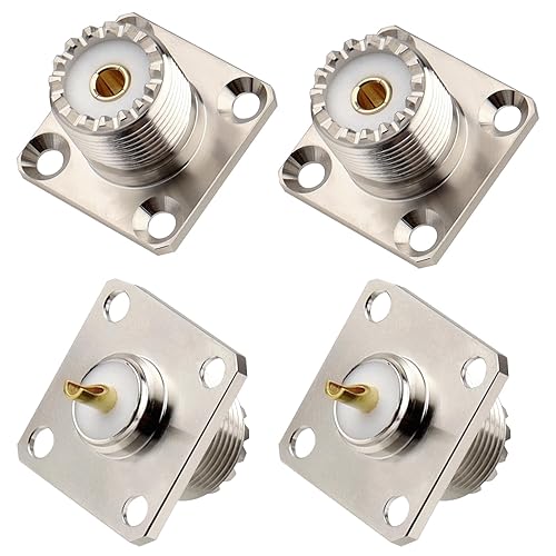 SO-239 UHF Female Chassis Mount Connector, 4-Hole Flange Panel Mount RF Coax Connector for Antenna, Ham Radio, CB Radio, RF Projects - Pack of 4