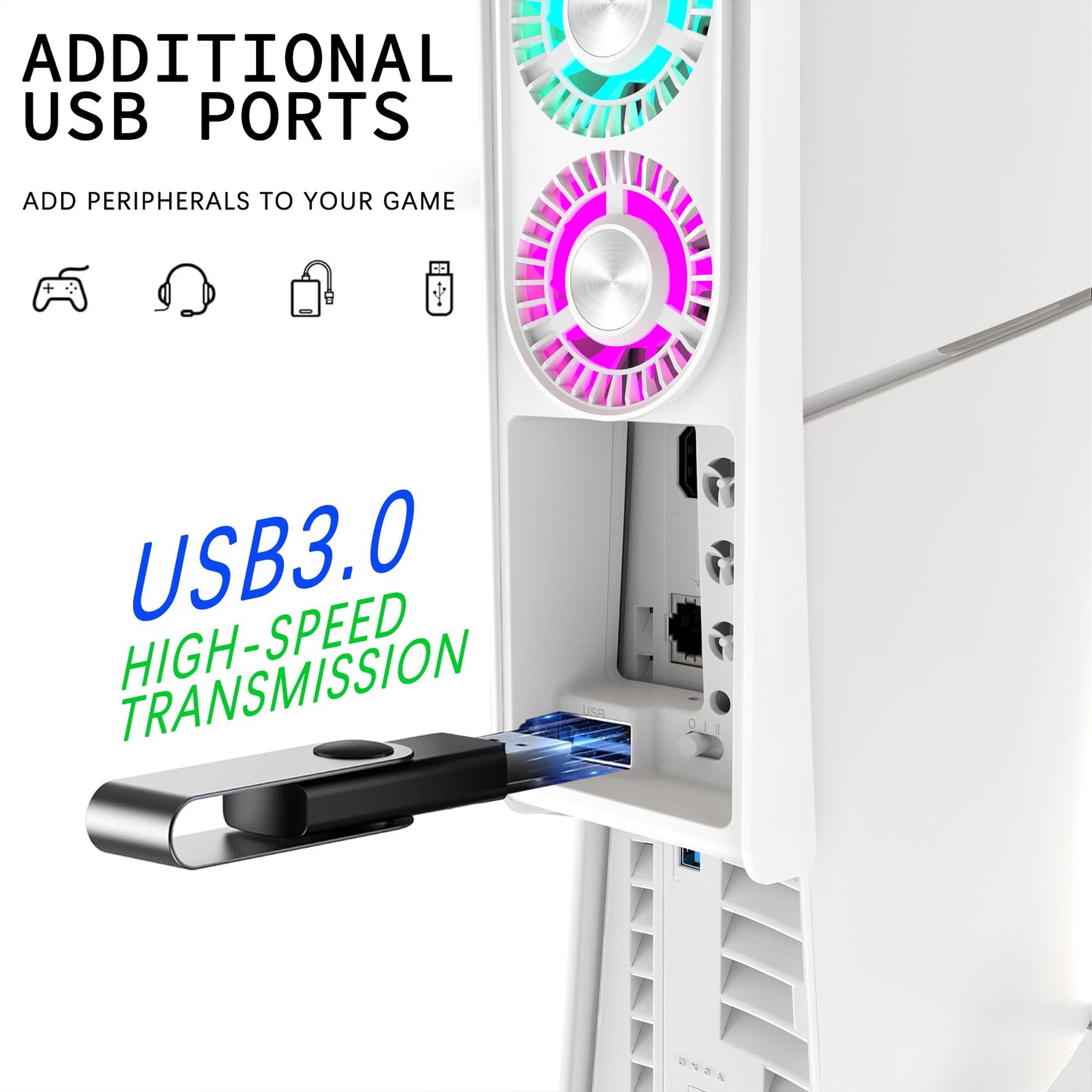 PS5 Cooling Fan with 7 Color-changing LED Light,Auto-Speed 9-Blade Quiet Fan,USB 3.0 Hub.The Accessories Compatible with PlayStation 5 Slim/Optical