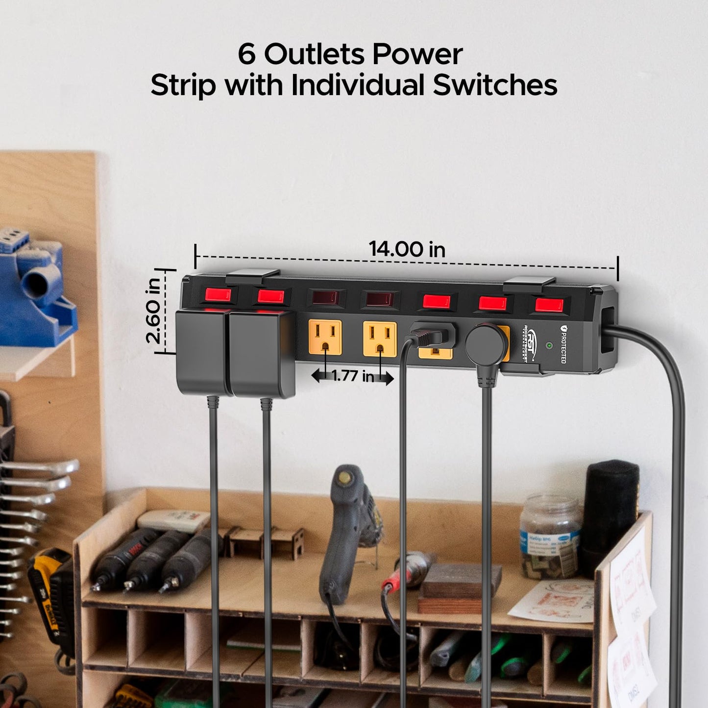 CRST 6 Outlet Metal Heavy Duty Power Strip with Individual Switches, 6FT Wall Mount Garage Power Strip, Surge Protector (1200 Joules), 15amp/1875W