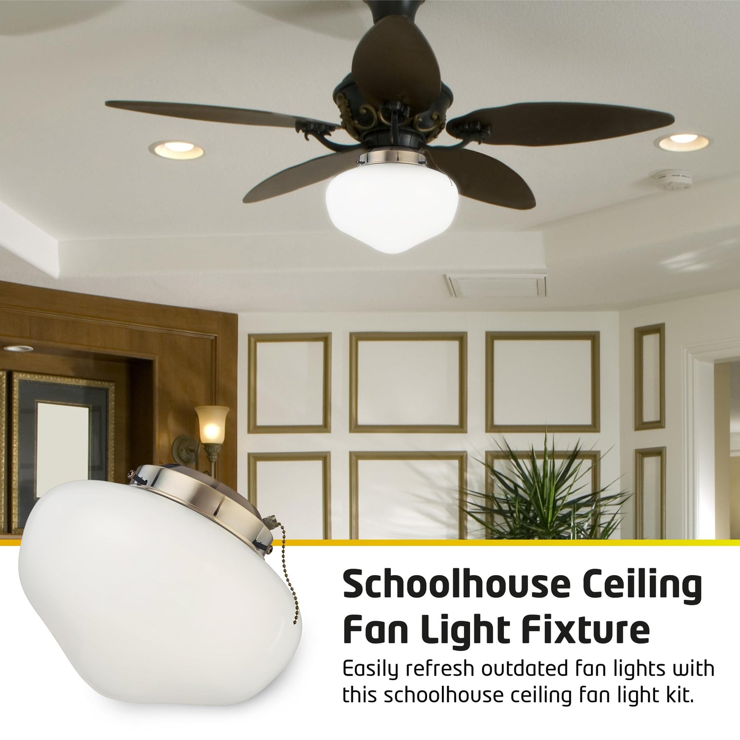 Ciata Schoolhouse Ceiling Fan Light Fixture Kit with White, Round Opal Glass Shade, Antique Brass Finish, Energy Efficient LED Bulb for Living Room or