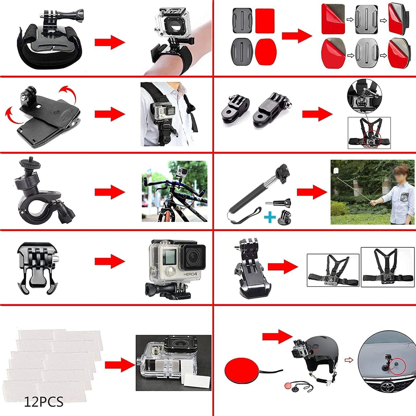 60 in 1 Camera Accessories Kit Compatible with GoPro Hero 13 12 11 10 9 8 7 6 /Session 5/Hero 4/3+/3/2/1, Insta360, DJI Osmo Action, AKASO, APEMAN