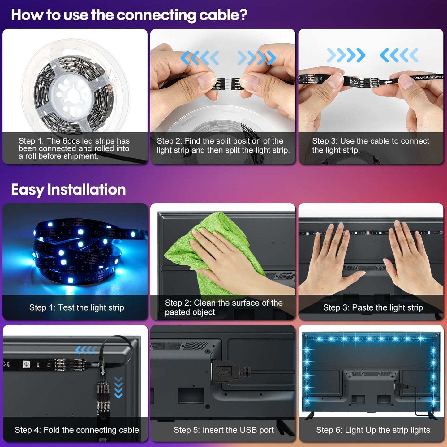 LED Strip Lights 10ft, 6 Pre-cut 1.64ft RGB LED Lights for 43-65 Inch TV, App Control TV LED Backlight with Remote, Music Sync USB Bias Lighting LED