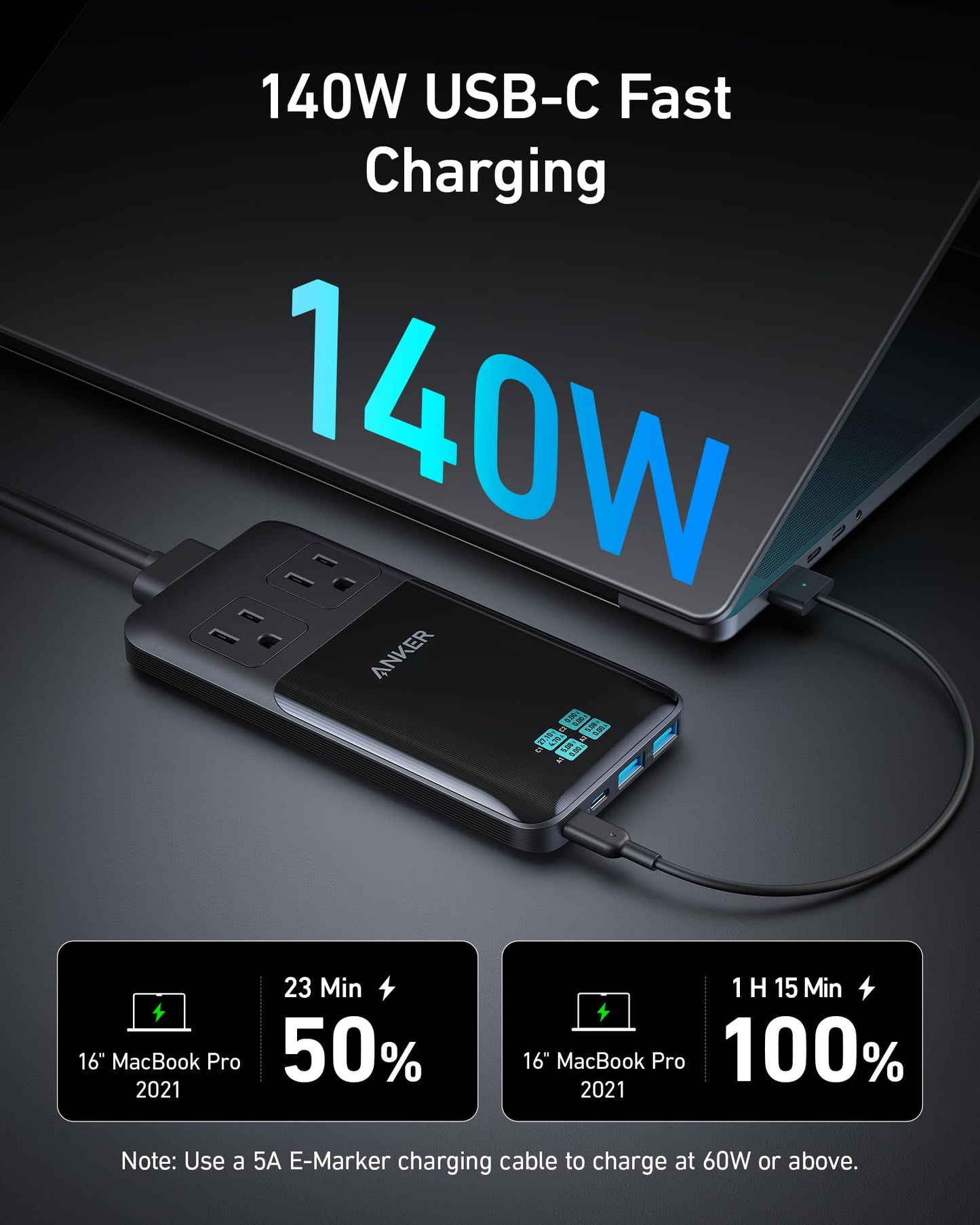 Anker Prime Charging Station, 140W 6-in-1 Travel Power Strip, 5ft Detachable Extension Cord with Multiple Outlets, 2 AC, 2 USB C, 2 USB A, Desk