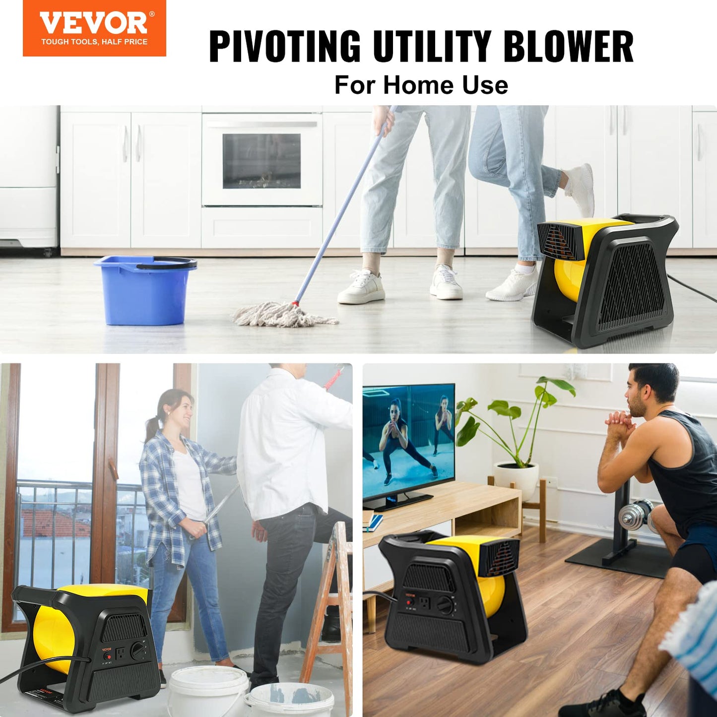 VEVOR Pivoting Utility Fan, 600 CFM High Velocity Floor Blower for Drying