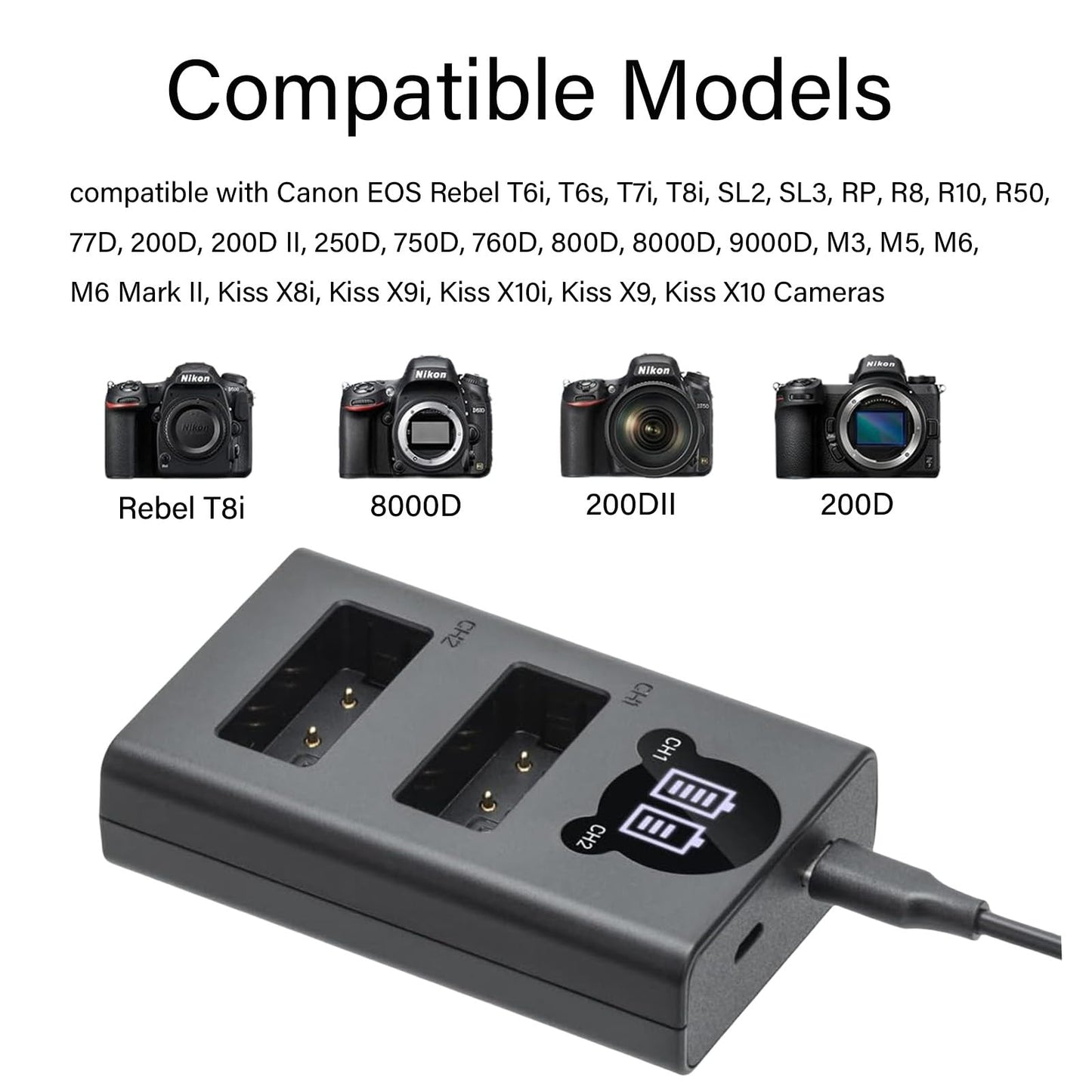 LP-E17 Battery Charger,Dual LCD USB Battery Charger for Canon LC-E17E LC-E17C Charger, EOS Rebel T7i, T6i, T6s, SL3, SL2, 77D, 9000D, 8000D, 800D