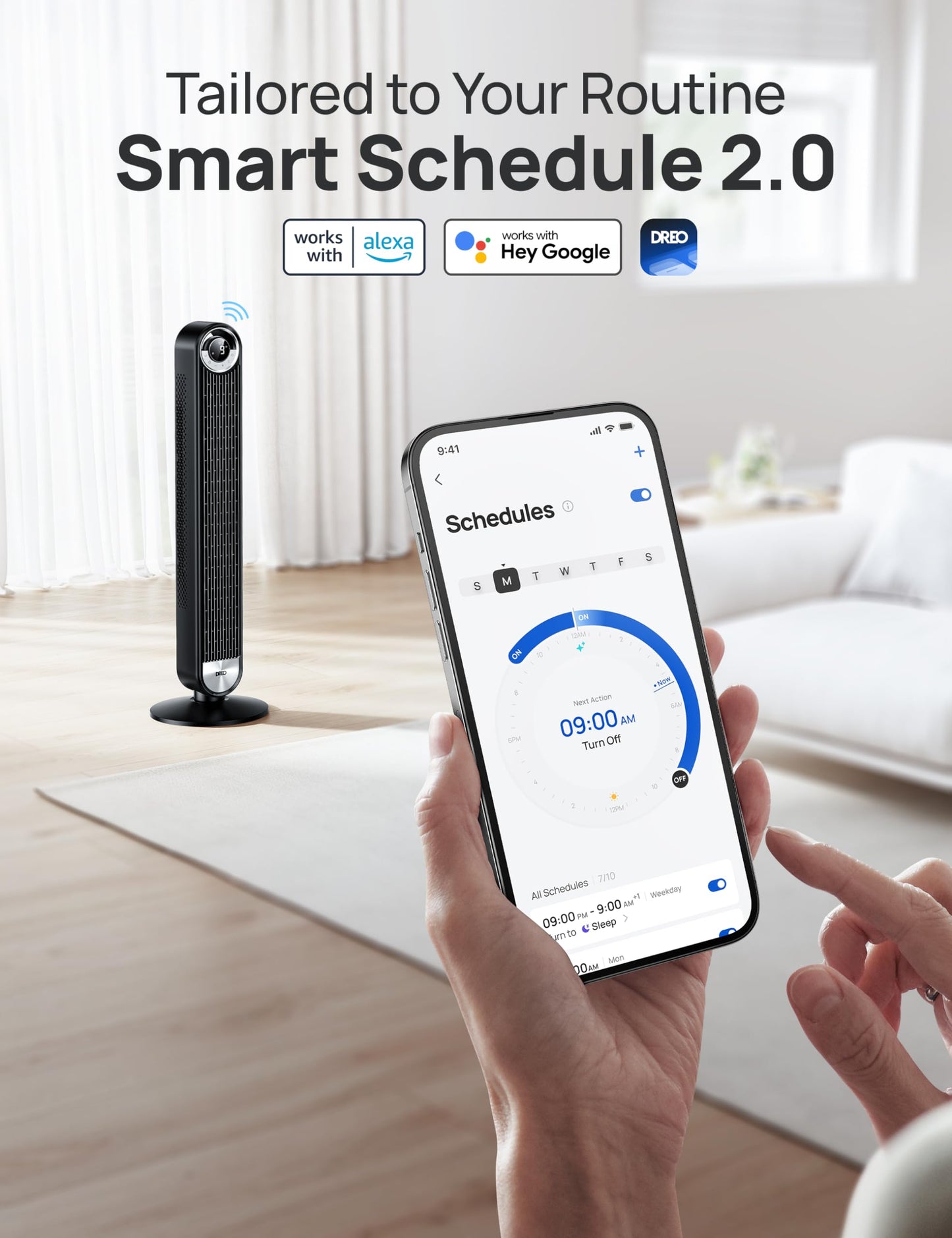 DREO Smart Tower Fans for Home, 90° Oscillating Fan Bedroom Indoors, Voice Control Floor with 12H Timer, 42 Inch Quiet Bladeless Standing LED Display