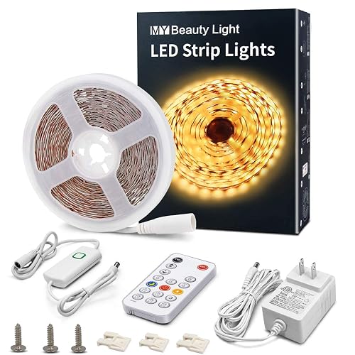 MY BEAUTY LIGHT LED Strip Lights Warm White,16.4ft Dimmable LED Light Strip with RF Remote,300 Bright 3000K 2835 LEDs,Plug-in Adhesive Rope Lights