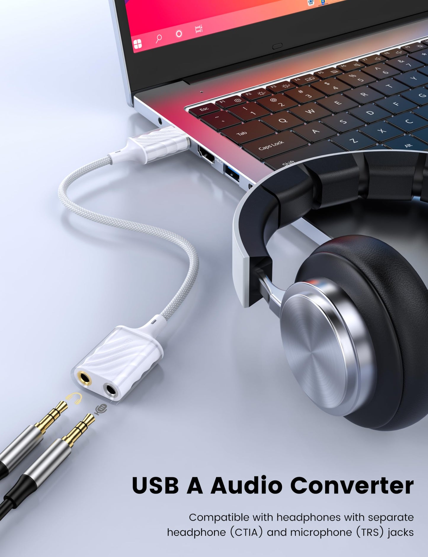MOSWAG USB to 3.5mm Audio Adapter, External Stereo Sound Card with Dual TRS 3-Pole 3.5mm Headphone and Microphone Jack Adapter for PS4/PS5/PC/Laptop