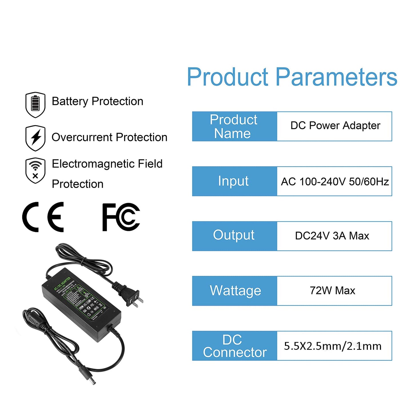 LXLQZXW 24V 3A AC to DC Converter, 100240V AC Input, 5.5x2.5mm DC Tip, Perfect for 5050 3528 LED Strip, 3D Printer, CCTV, LCD Monitor