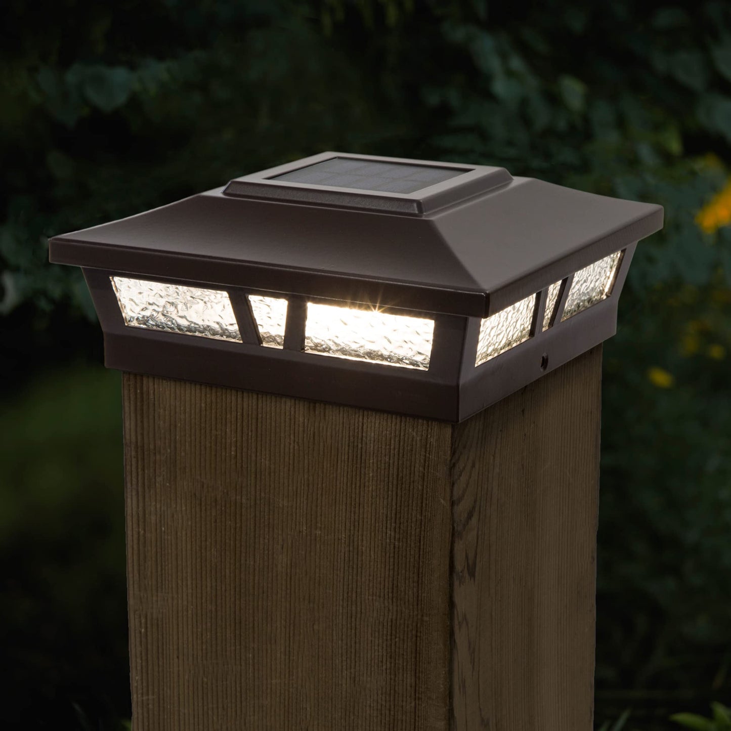 Classy Caps SLX772C 6x6 Brown Aluminum Oxford Solar Post Cap - High-Performance Solar Lighting, 2 LEDs, Durable Cast Aluminum, Decorative Glass Lens