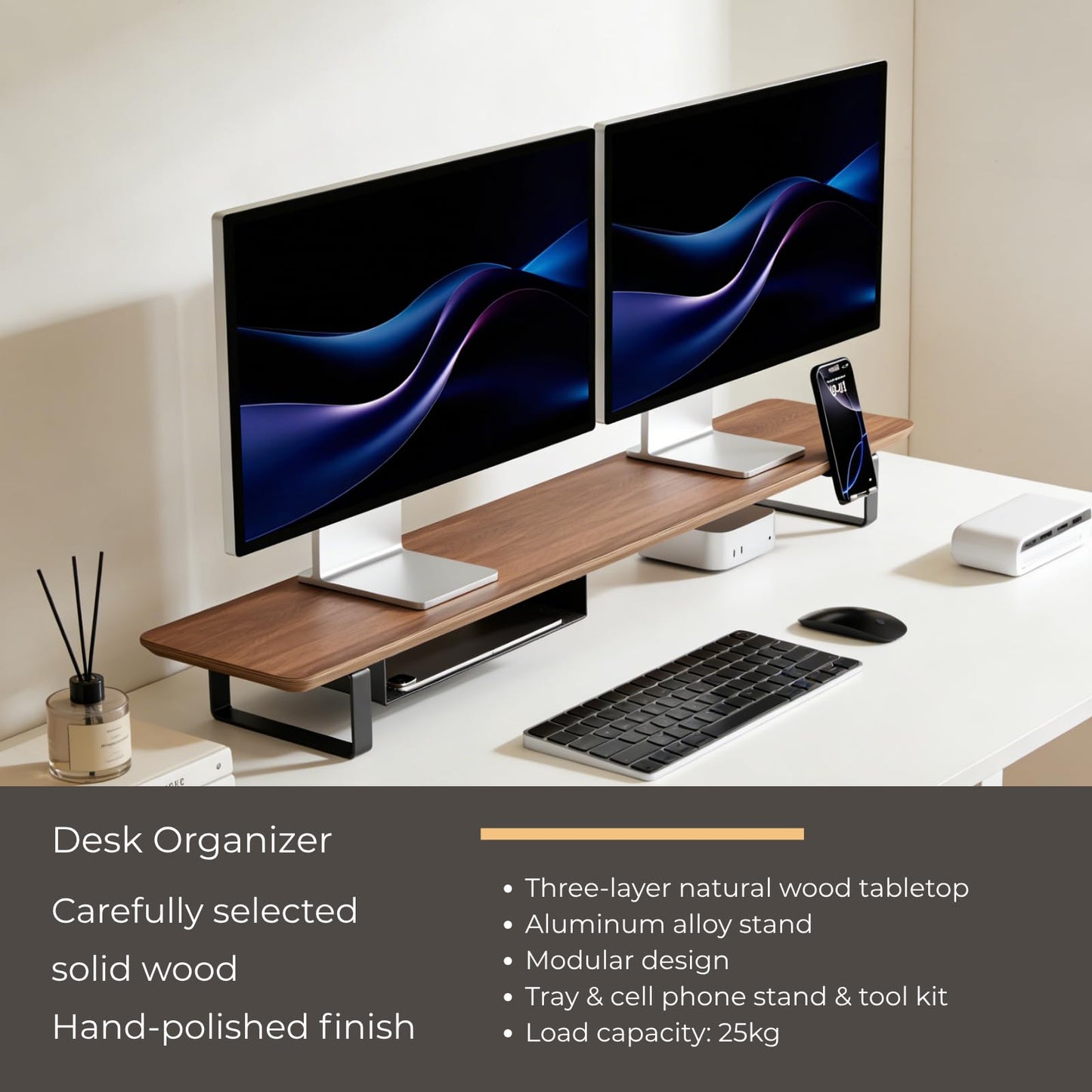 muso wood Dual Monitor Stand with Storage Shelf, 45 Inch Wooden Monitor Riser for 2 Monitors, Walnut Desk Shelf for Computer, Laptop, Screen, TV