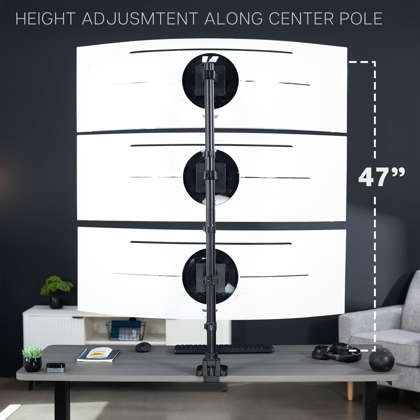 VIVO Vertically Stacked Triple Ultrawide Mount for up to 49 inch Screens, Heavy Duty Adjustable 3 Ultra-Wide Stand, 44 lbs Capacity Per Screen, Black